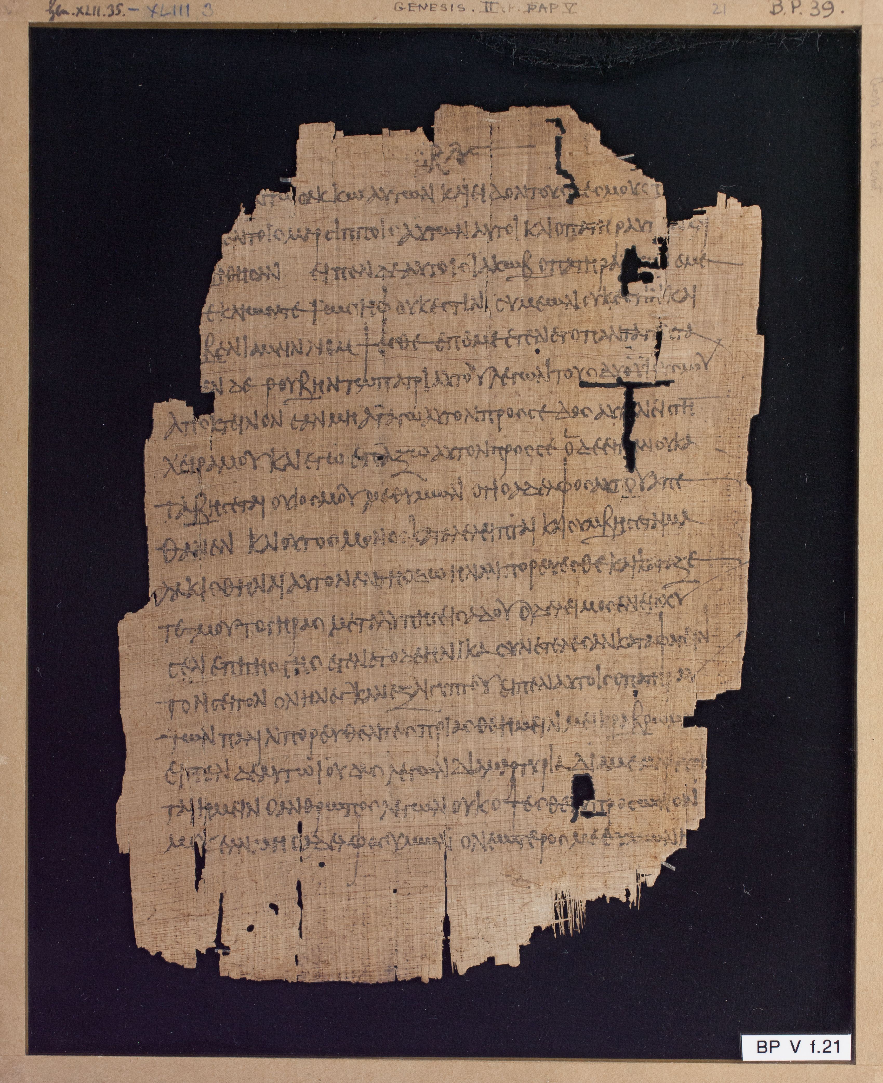 Papyrus Chester Beatty V showing Genesis 43:2 from 3rd Century AD found in Egypt, currently housed at Chester Beatty Library, Dublin