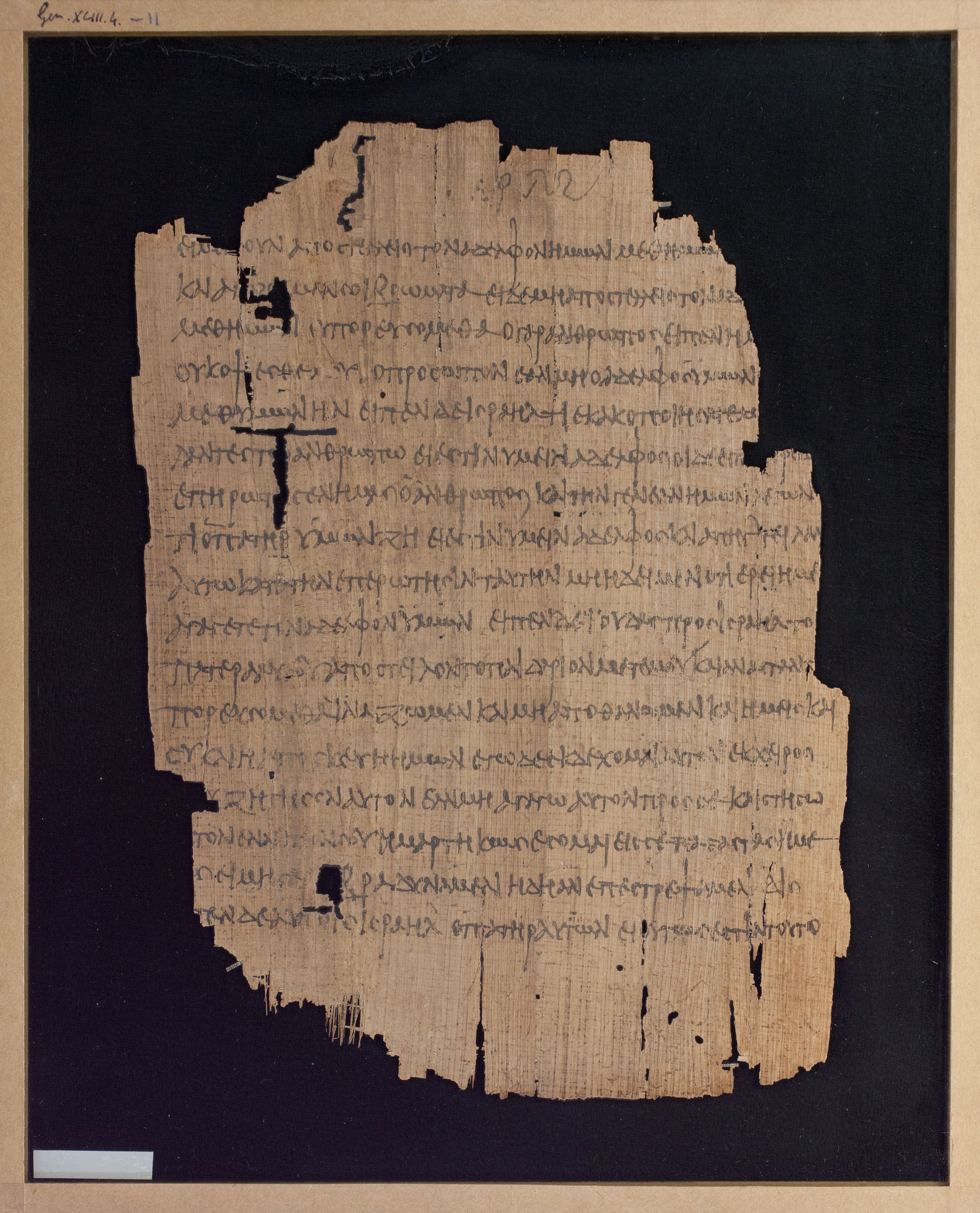 Papyrus Chester Beatty V showing Genesis 43:4 from 3rd Century AD found in Egypt, currently housed at Chester Beatty Library, Dublin