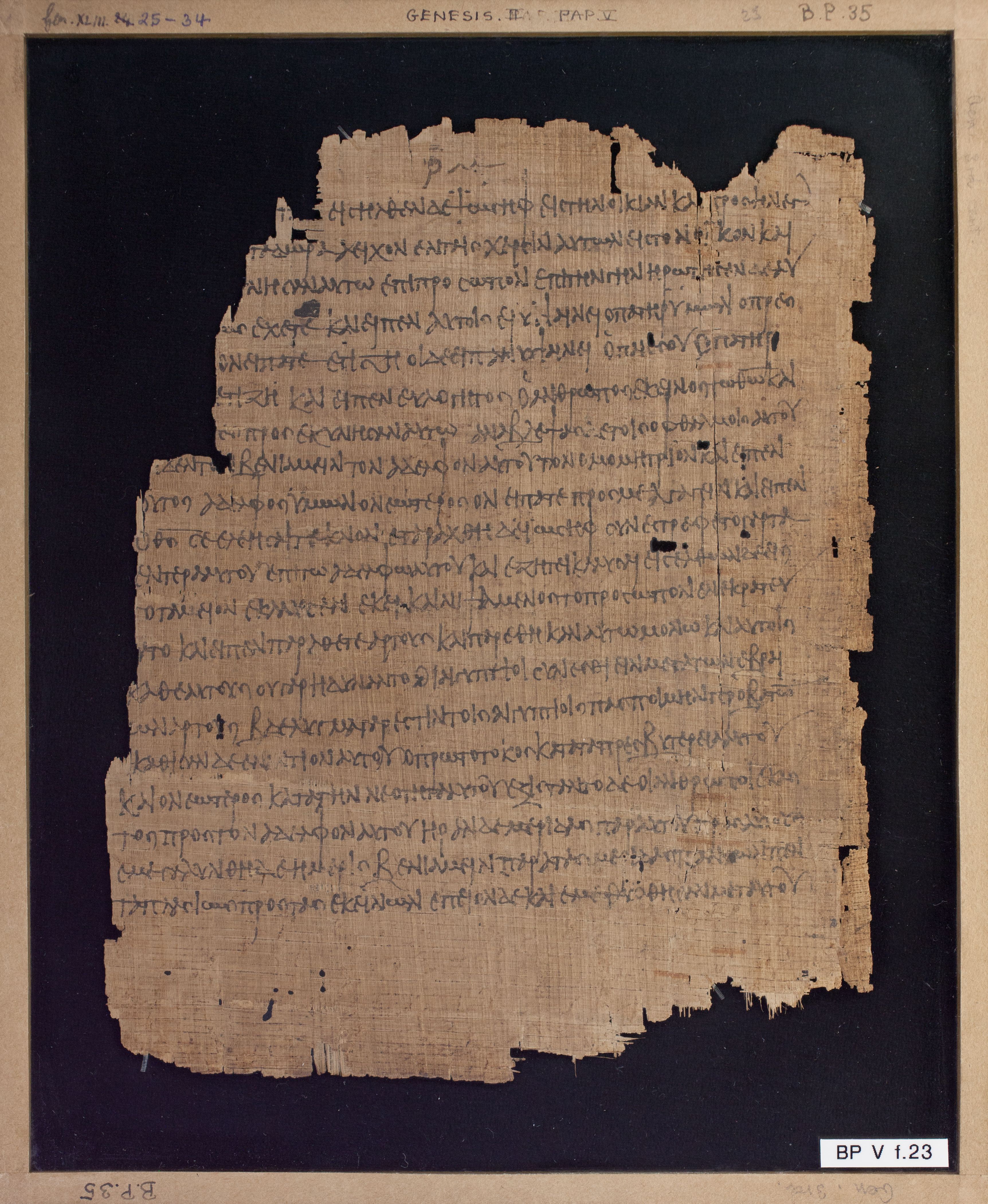 Papyrus Chester Beatty V showing Genesis 43:32 from 3rd Century AD found in Egypt, currently housed at Chester Beatty Library, Dublin