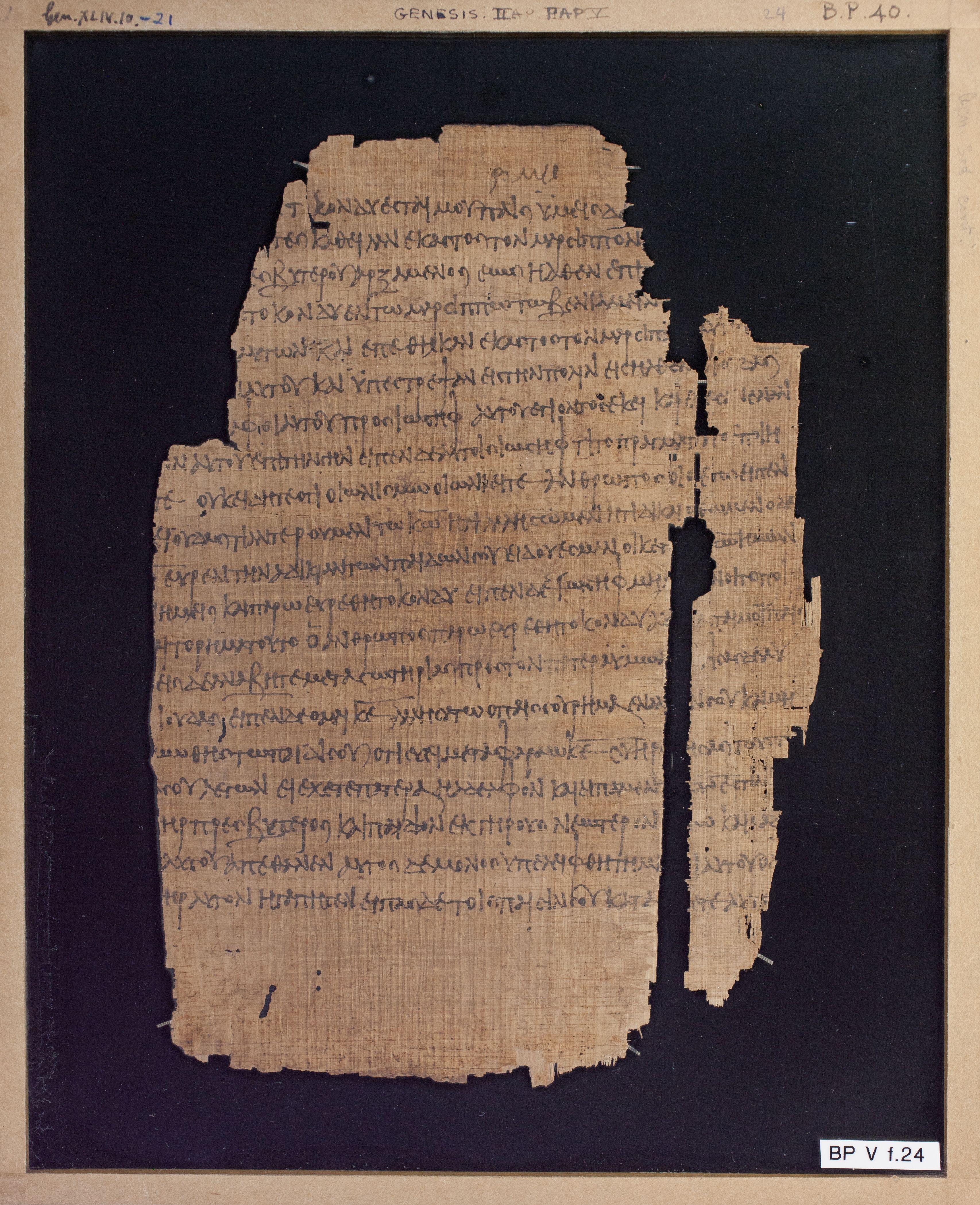 Papyrus Chester Beatty V (Scan 1) showing Genesis 44:21 from 3rd Century AD found in Egypt, currently housed at Chester Beatty Library, Dublin