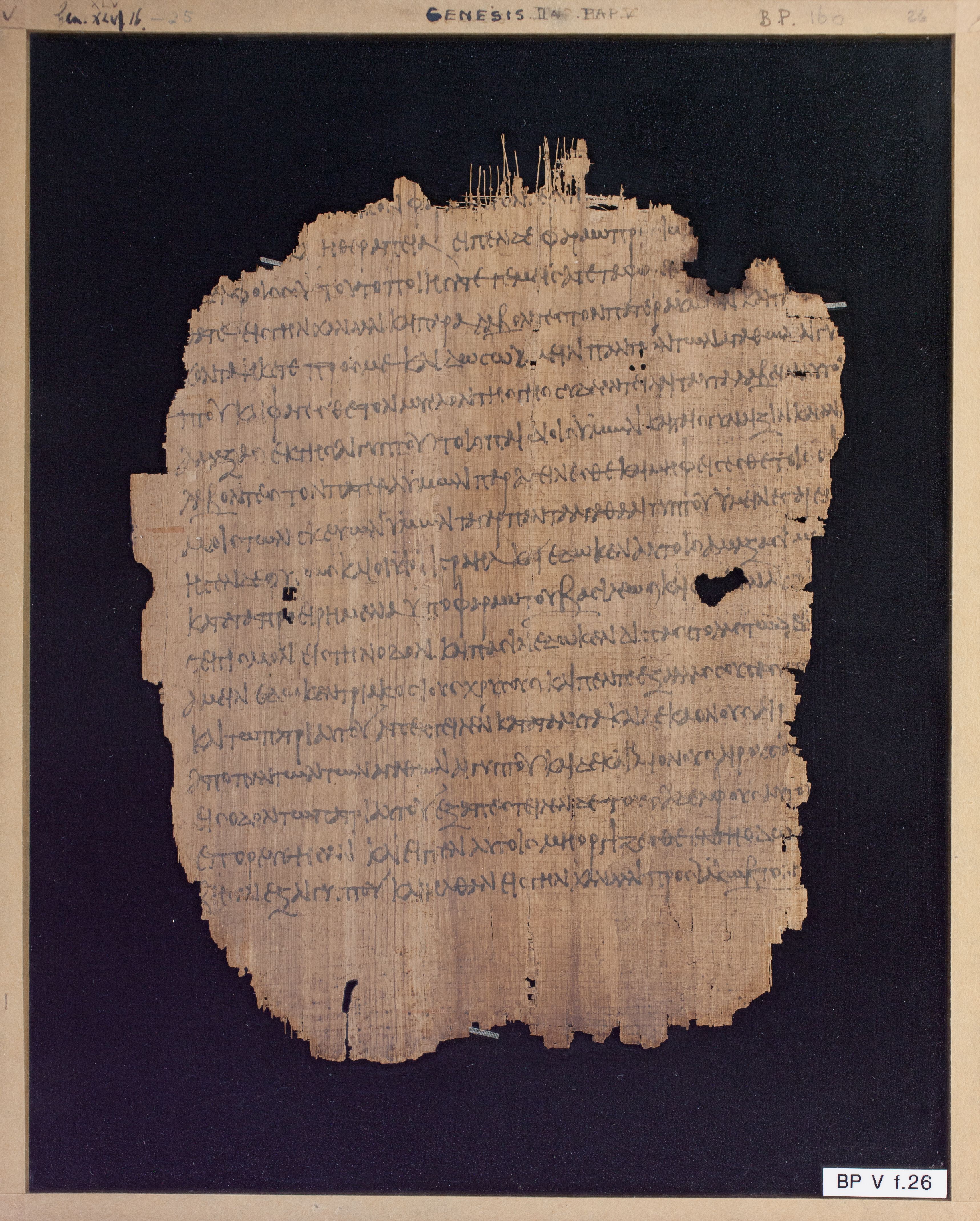 Papyrus Chester Beatty V showing Genesis 45:22 from 3rd Century AD found in Egypt, currently housed at Chester Beatty Library, Dublin