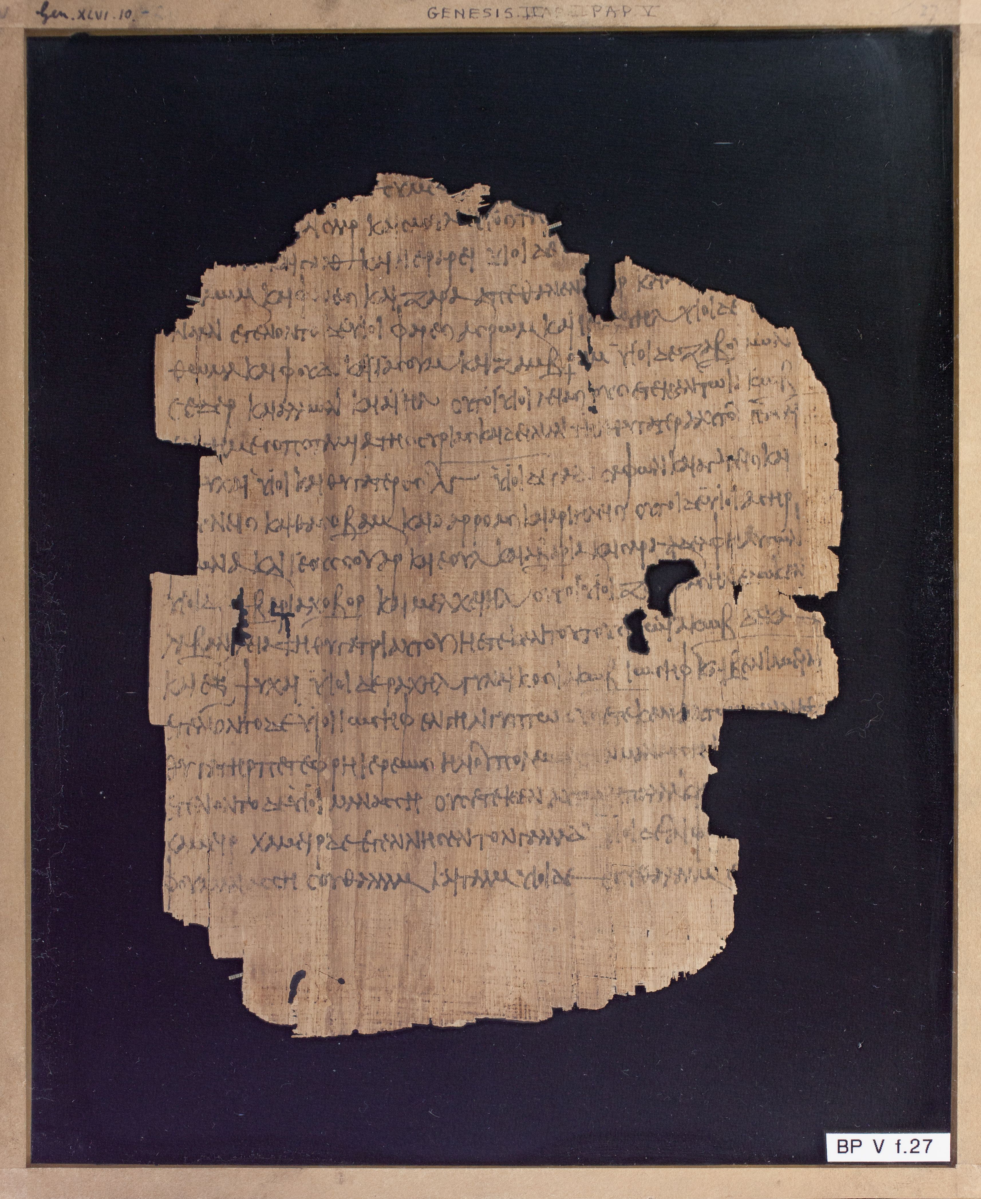 Papyrus Chester Beatty V showing Genesis 46:16 from 3rd Century AD found in Egypt, currently housed at Chester Beatty Library, Dublin