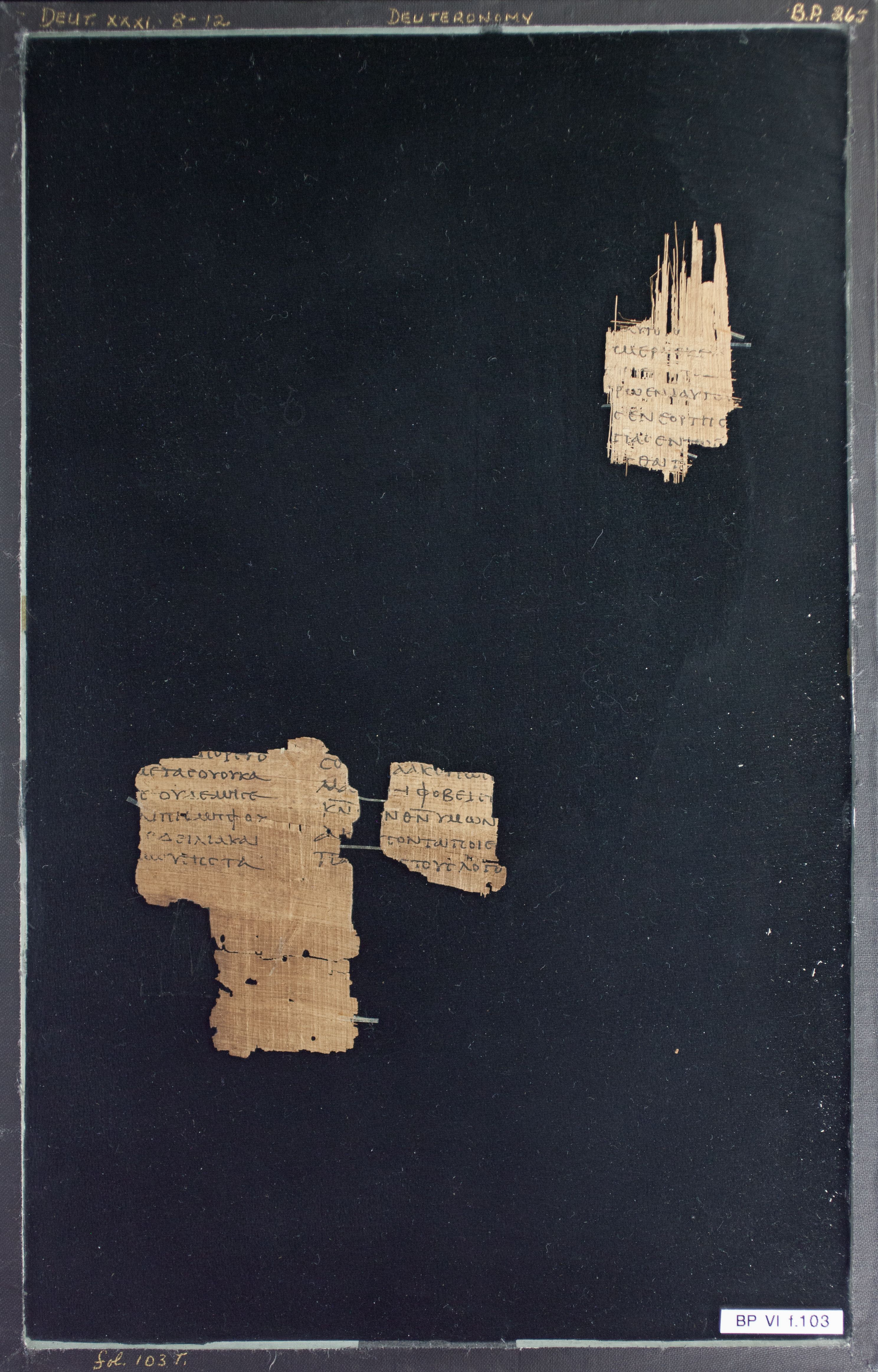 Papyrus Chester Beatty VI showing Deuteronomy 31:8 from Mid-2nd Century AD - Mid-3rd Century AD found in Aphroditopolis (Atfih), Egypt, currently housed at Chester Beatty Library, Dublin & University of Michigan, Ann Arbor