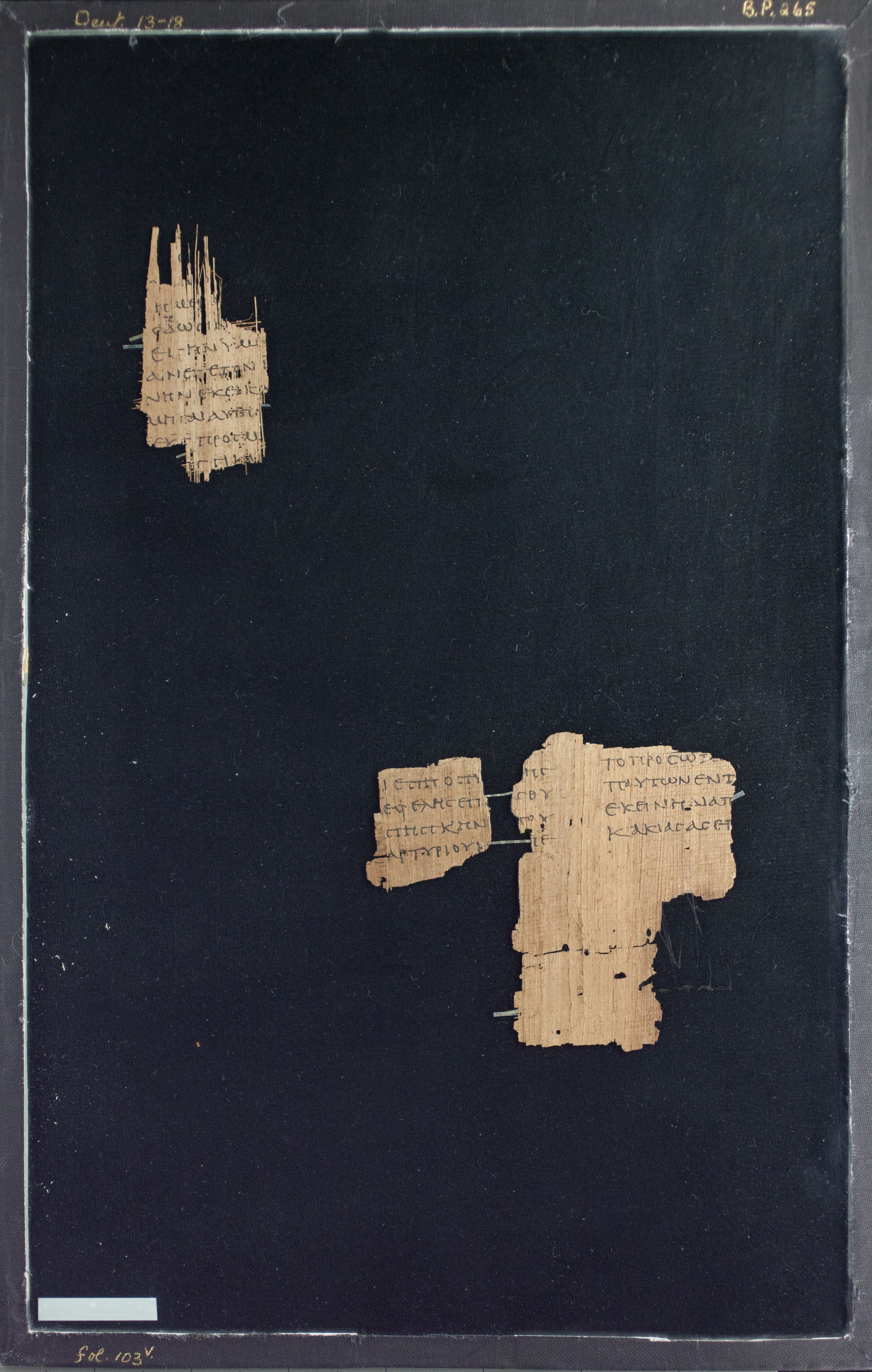 Papyrus Chester Beatty VI showing Deuteronomy 31:13 from Mid-2nd Century AD - Mid-3rd Century AD found in Aphroditopolis (Atfih), Egypt, currently housed at Chester Beatty Library, Dublin & University of Michigan, Ann Arbor