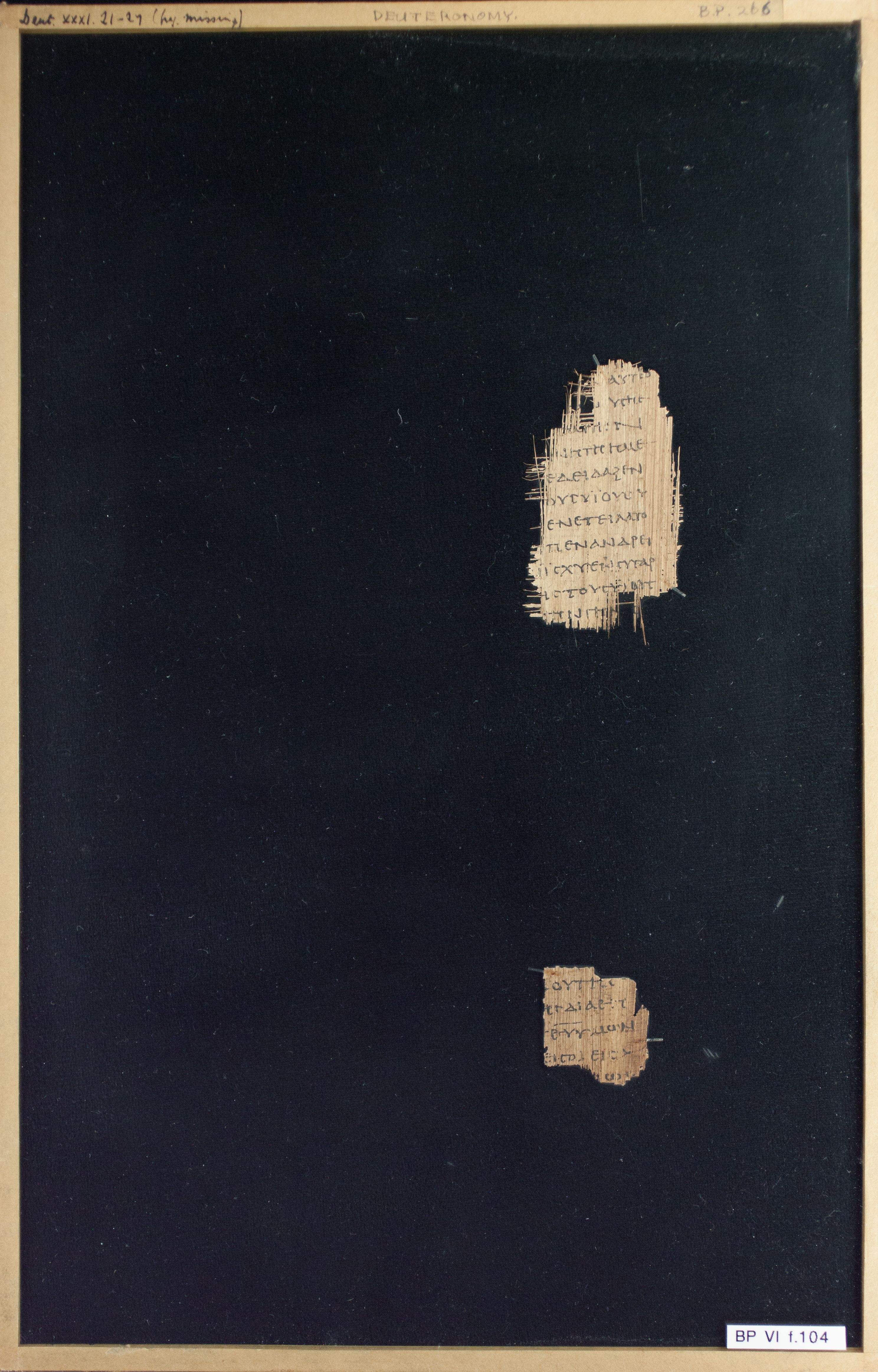 Papyrus Chester Beatty VI showing Deuteronomy 31:22 from Mid-2nd Century AD - Mid-3rd Century AD found in Aphroditopolis (Atfih), Egypt, currently housed at Chester Beatty Library, Dublin & University of Michigan, Ann Arbor