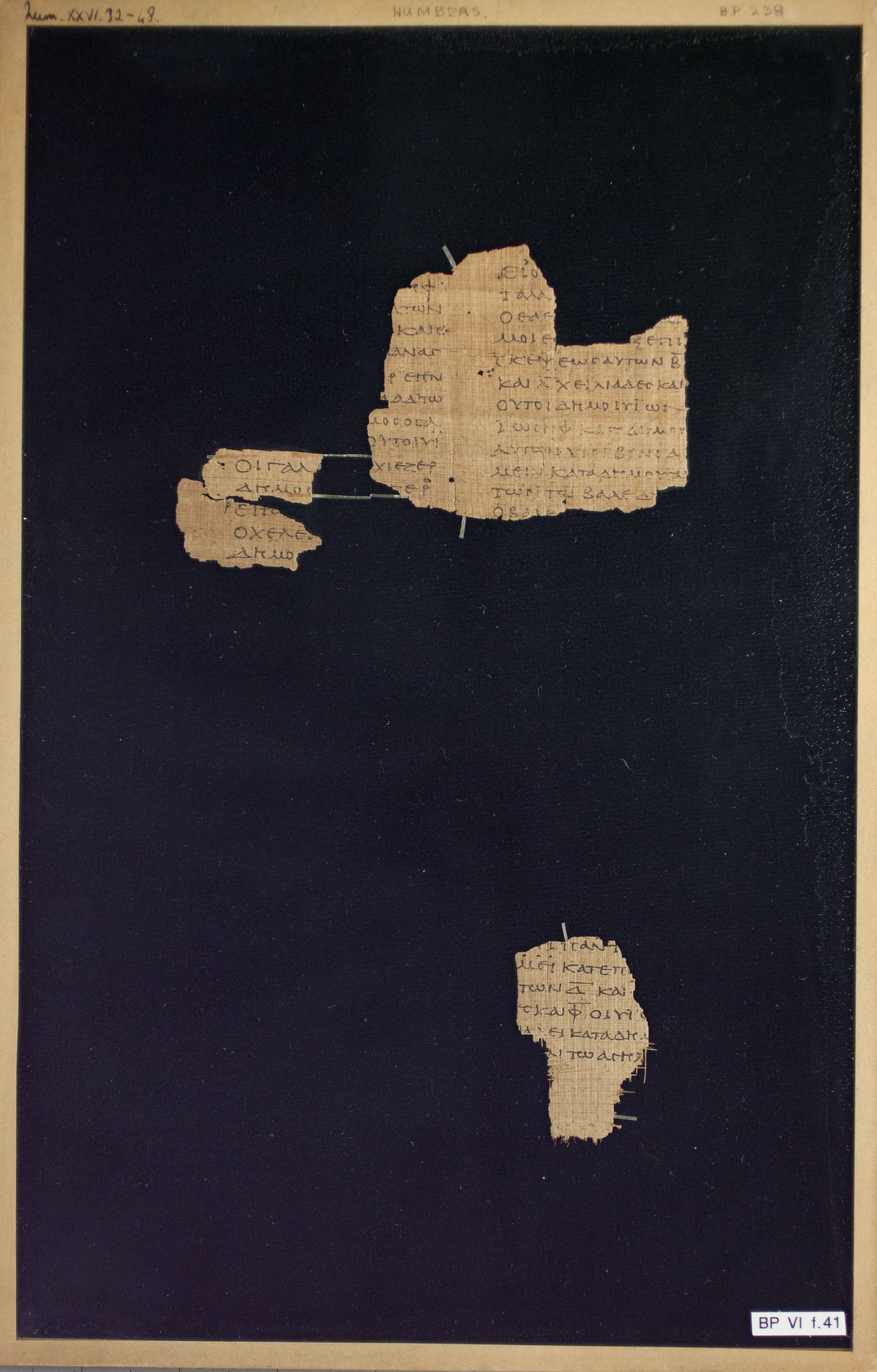 Papyrus Chester Beatty VI showing Numbers 26:32 from Mid-2nd Century AD - Mid-3rd Century AD found in Aphroditopolis (Atfih), Egypt, currently housed at Chester Beatty Library, Dublin & University of Michigan, Ann Arbor