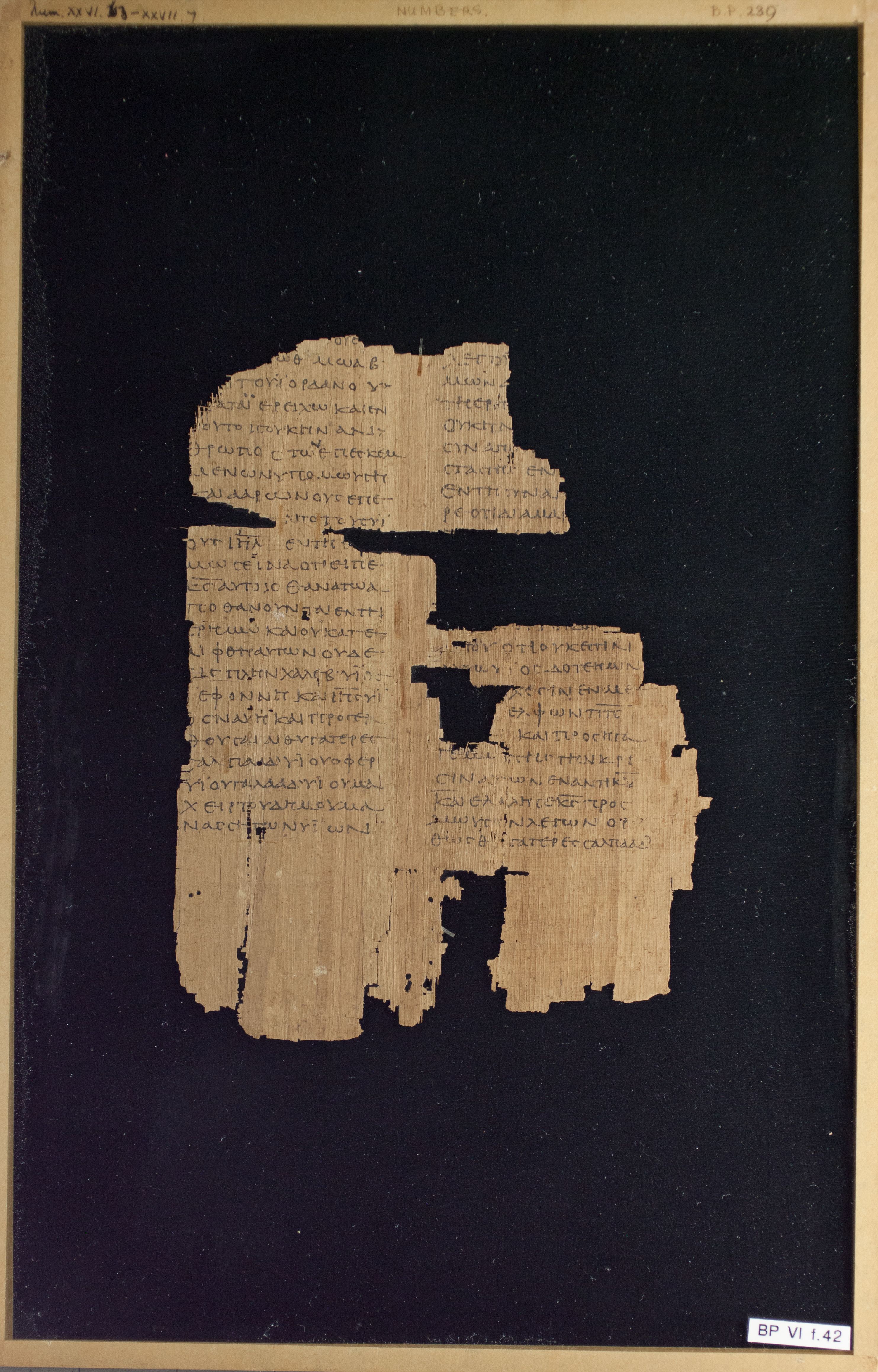 Papyrus Chester Beatty VI showing Numbers 27:2 from Mid-2nd Century AD - Mid-3rd Century AD found in Aphroditopolis (Atfih), Egypt, currently housed at Chester Beatty Library, Dublin & University of Michigan, Ann Arbor