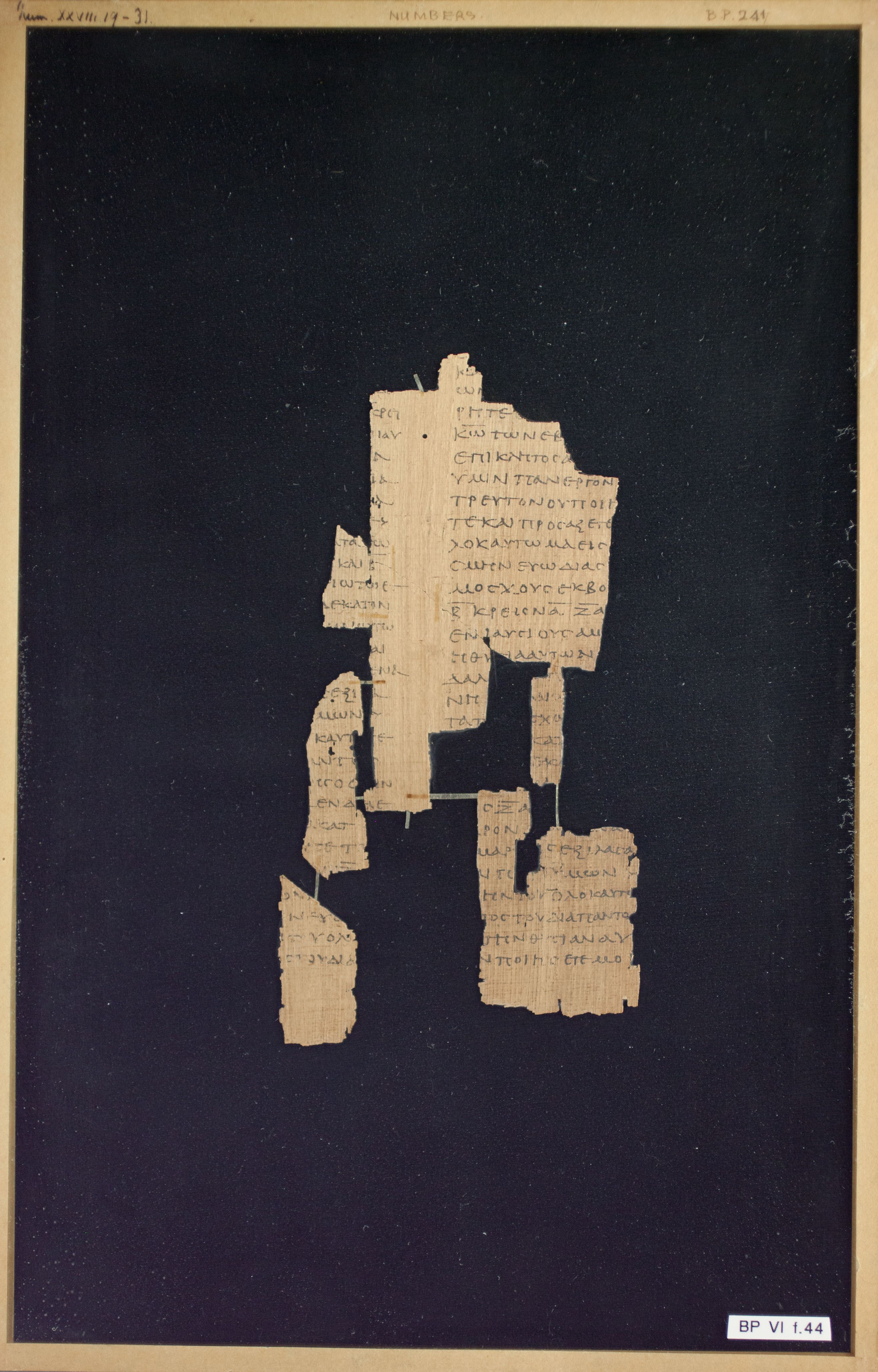 Papyrus Chester Beatty VI showing Numbers 28:21 from Mid-2nd Century AD - Mid-3rd Century AD found in Aphroditopolis (Atfih), Egypt, currently housed at Chester Beatty Library, Dublin & University of Michigan, Ann Arbor
