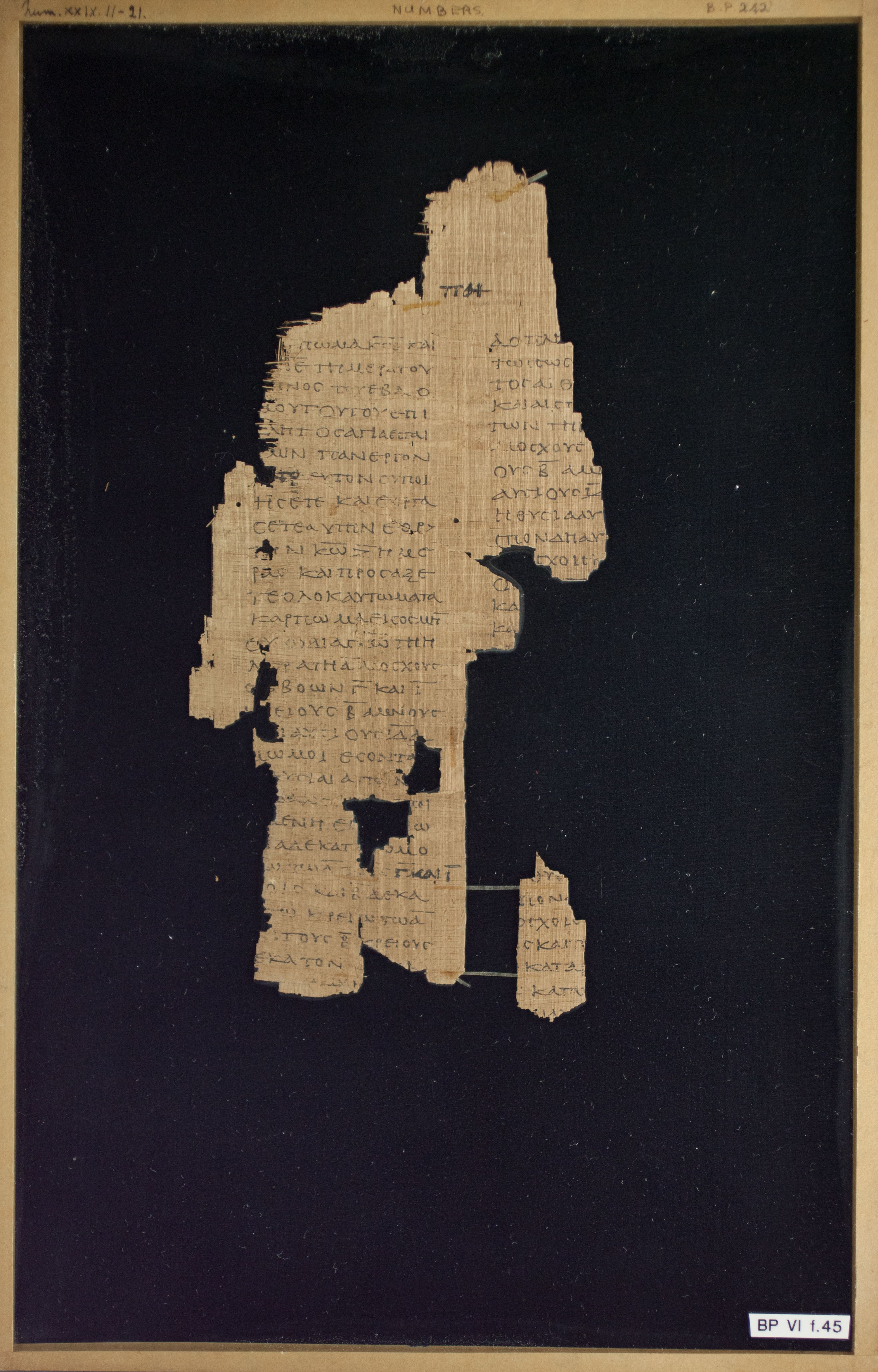Papyrus Chester Beatty VI showing Numbers 29:21 from Mid-2nd Century AD - Mid-3rd Century AD found in Aphroditopolis (Atfih), Egypt, currently housed at Chester Beatty Library, Dublin & University of Michigan, Ann Arbor