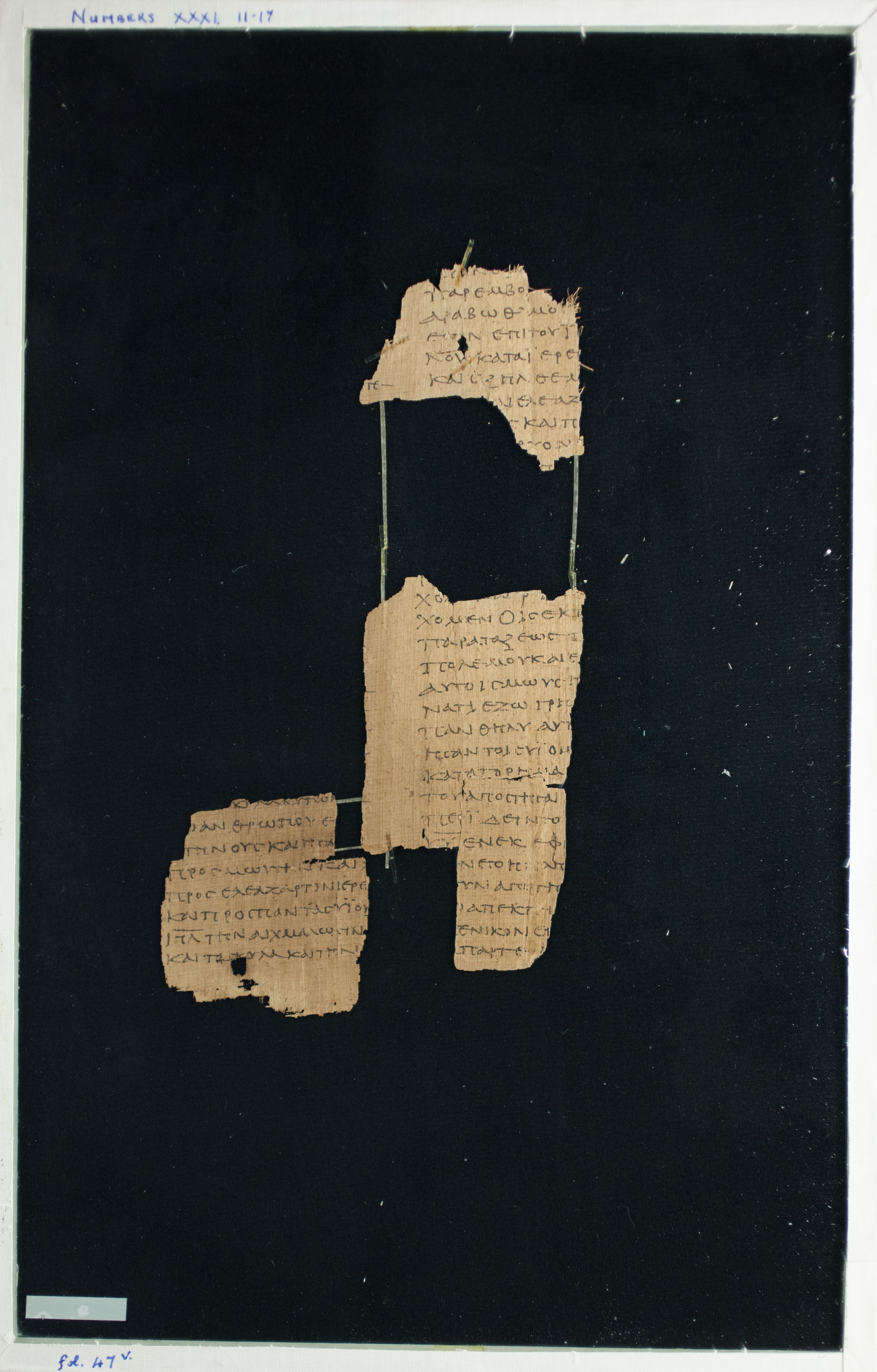 Papyrus Chester Beatty VI showing Numbers 31:16 from Mid-2nd Century AD - Mid-3rd Century AD found in Aphroditopolis (Atfih), Egypt, currently housed at Chester Beatty Library, Dublin & University of Michigan, Ann Arbor