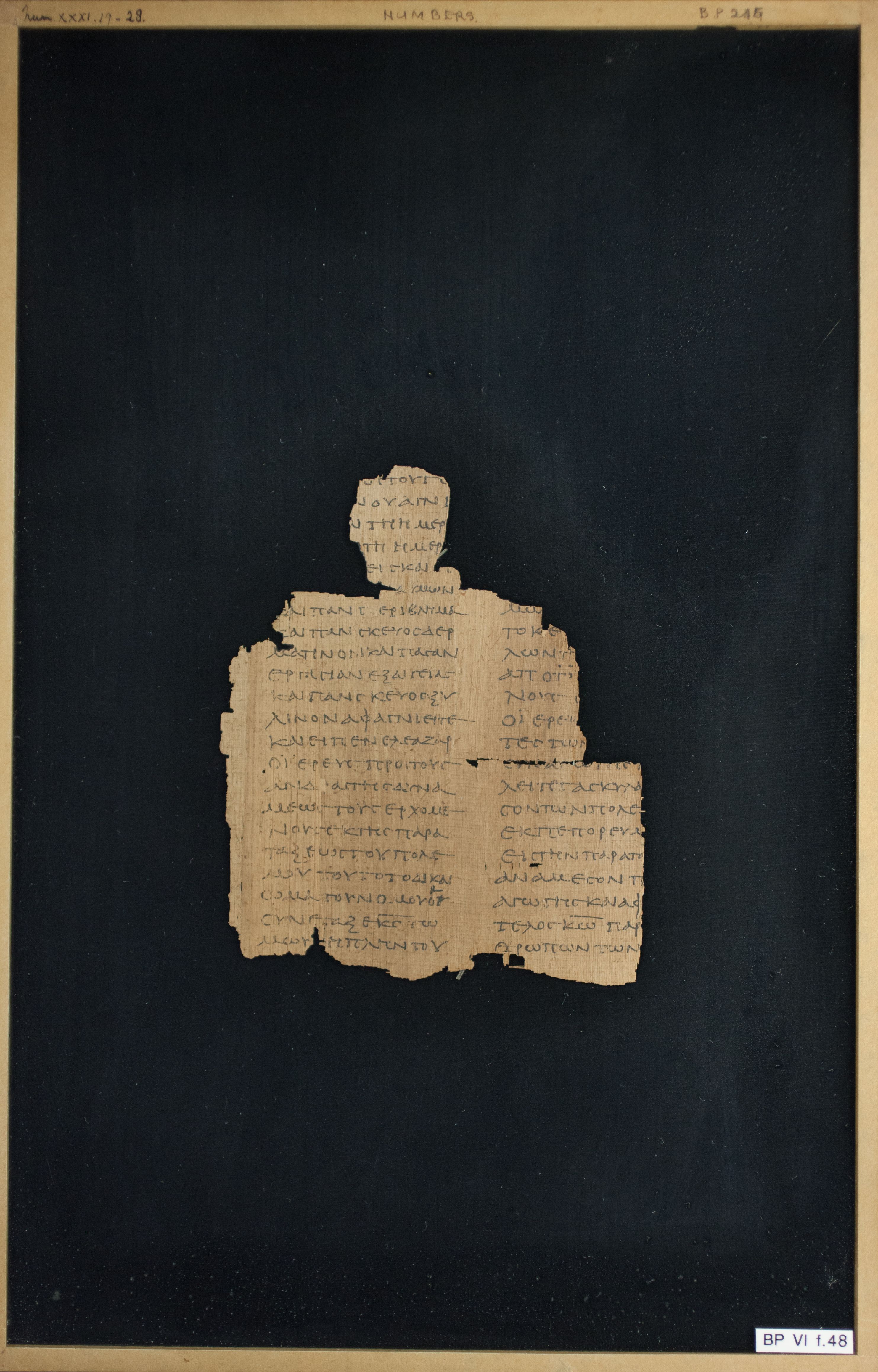 Papyrus Chester Beatty VI showing Numbers 31:21 from Mid-2nd Century AD - Mid-3rd Century AD found in Aphroditopolis (Atfih), Egypt, currently housed at Chester Beatty Library, Dublin & University of Michigan, Ann Arbor