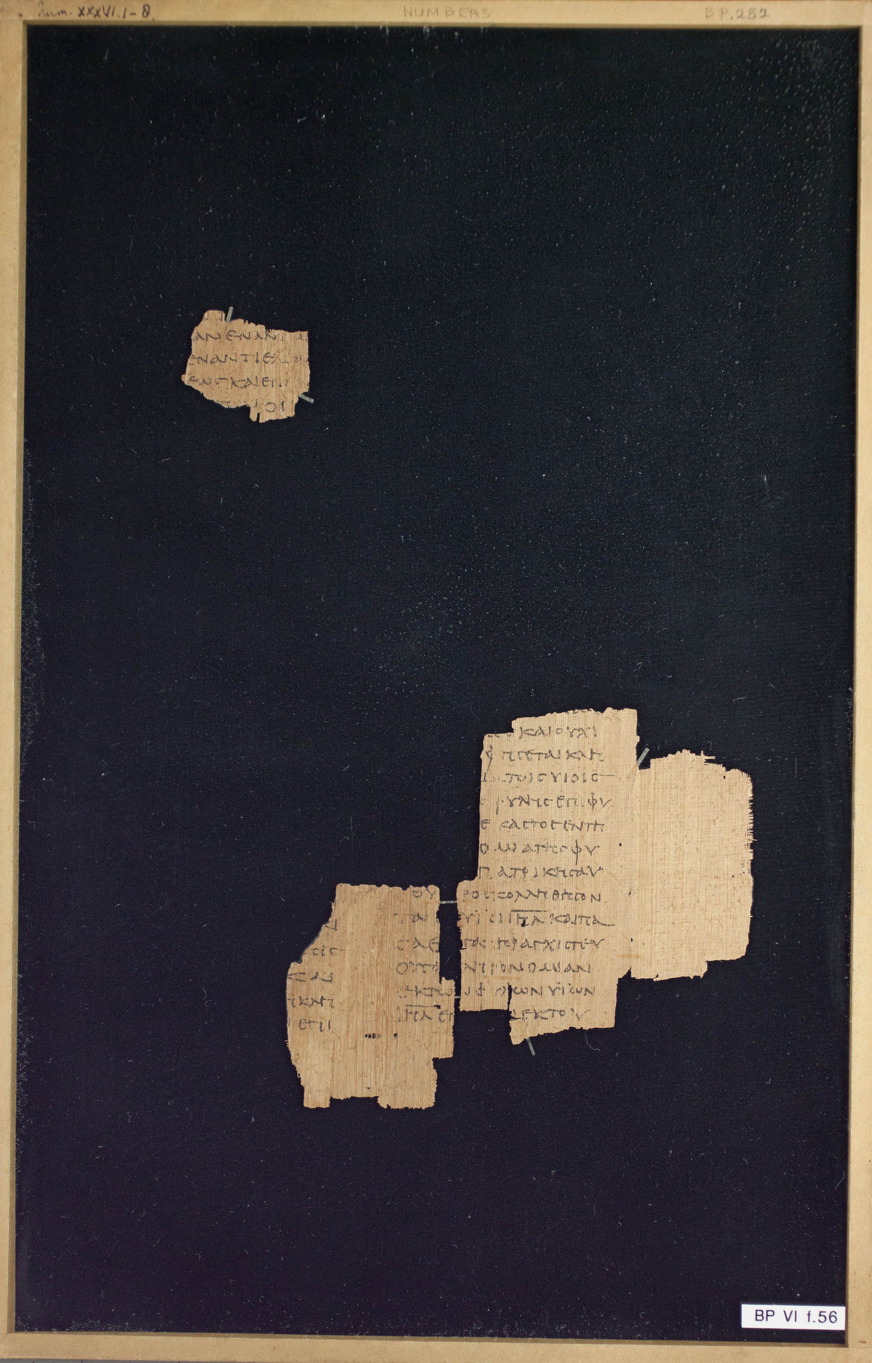 Papyrus Chester Beatty VI showing Numbers 36:7 from Mid-2nd Century AD - Mid-3rd Century AD found in Aphroditopolis (Atfih), Egypt, currently housed at Chester Beatty Library, Dublin & University of Michigan, Ann Arbor