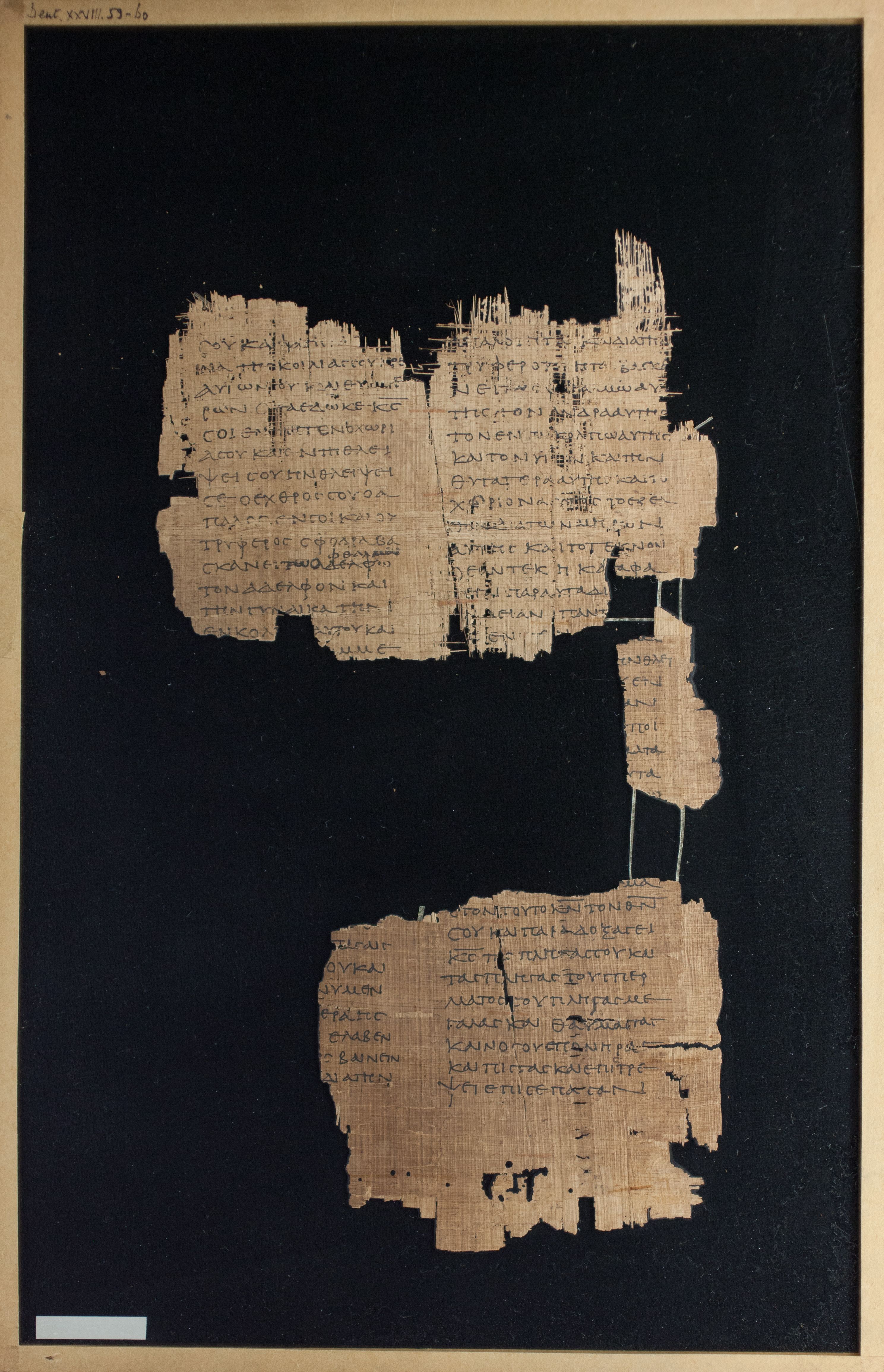 Papyrus Chester Beatty VI showing Deuteronomy 28:53 from Mid-2nd Century AD - Mid-3rd Century AD found in Aphroditopolis (Atfih), Egypt, currently housed at Chester Beatty Library, Dublin & University of Michigan, Ann Arbor
