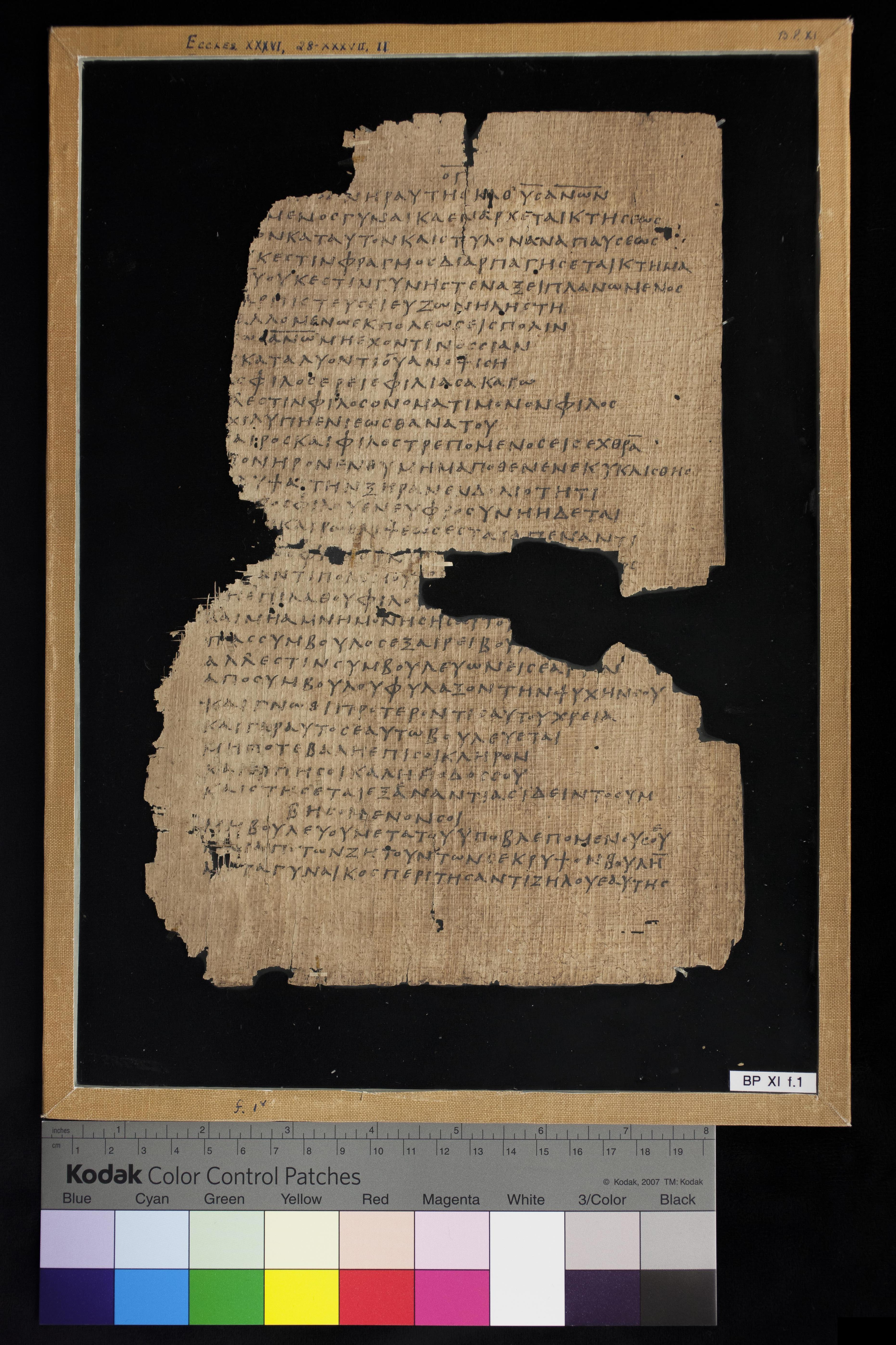 Chester Beatty Biblical Papyrus XI (Scan 1) showing Sirach 37:21 from 4th Century AD found in Egypt (likely Fayum region), currently housed at Chester Beatty Library, Dublin, Ireland