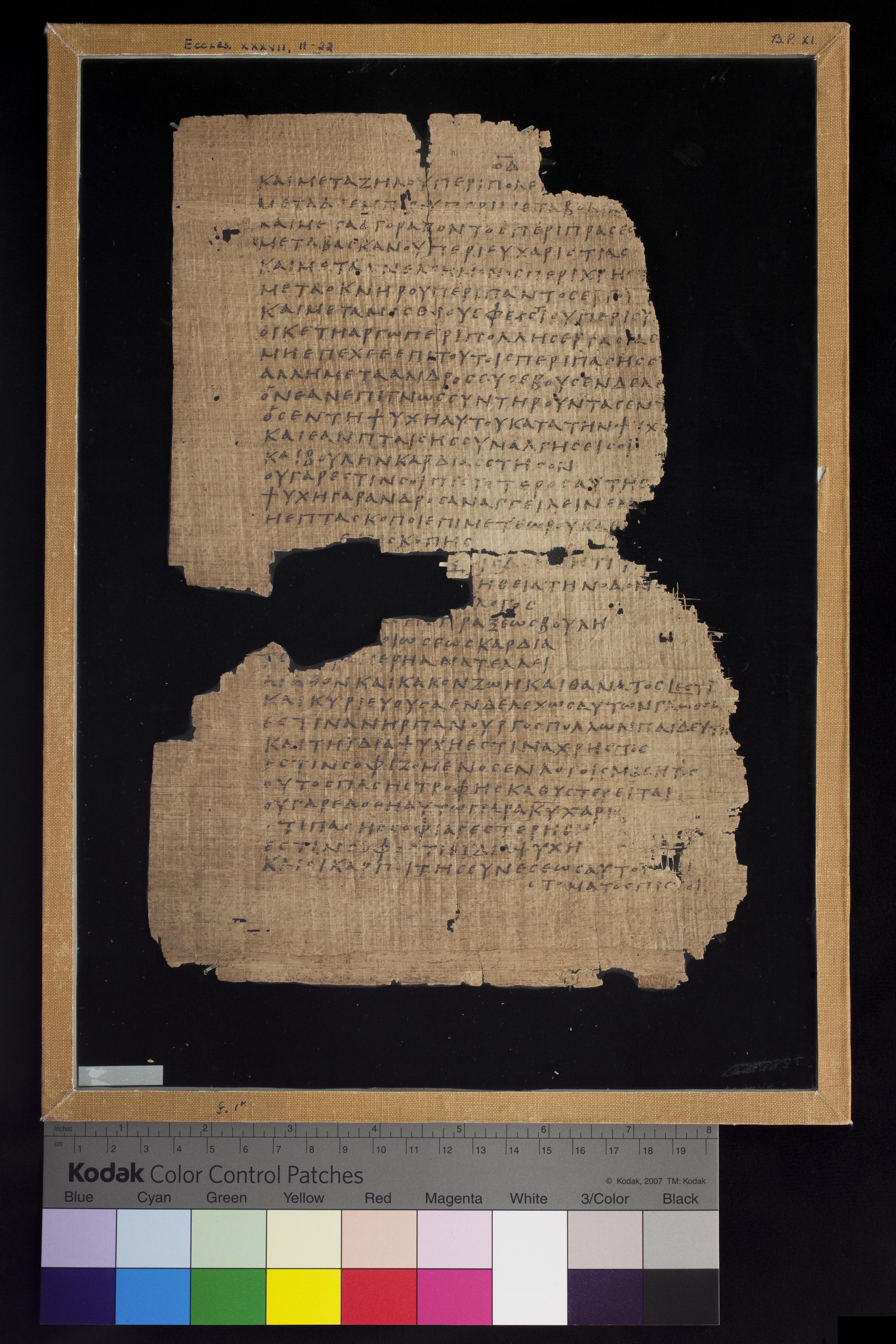 Chester Beatty Biblical Papyrus XI (Scan 1) showing Sirach 37:3 from 4th Century AD found in Egypt (likely Fayum region), currently housed at Chester Beatty Library, Dublin, Ireland
