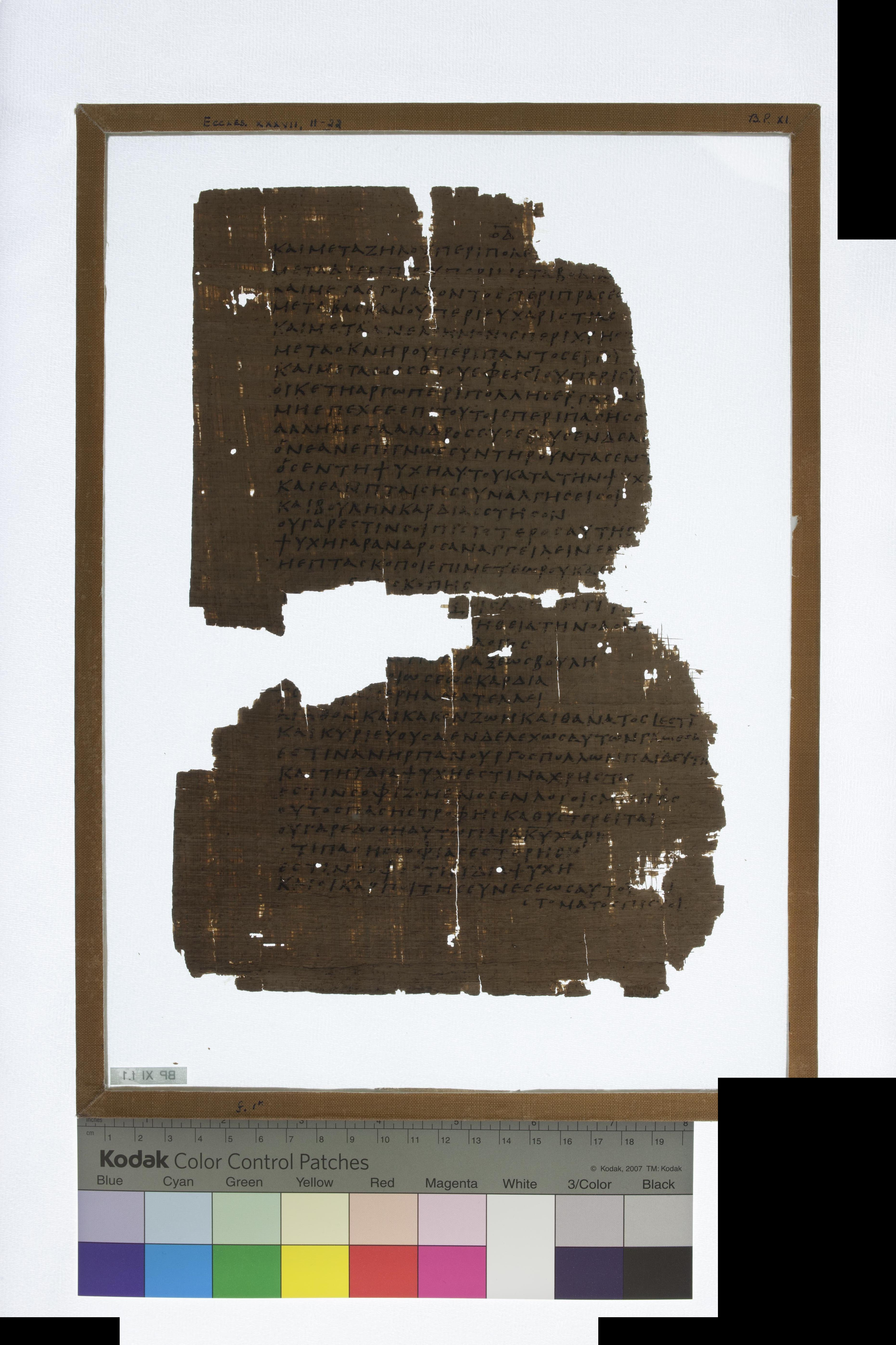 Chester Beatty Biblical Papyrus XI (Scan 2) showing Sirach 37:3 from 4th Century AD found in Egypt (likely Fayum region), currently housed at Chester Beatty Library, Dublin, Ireland