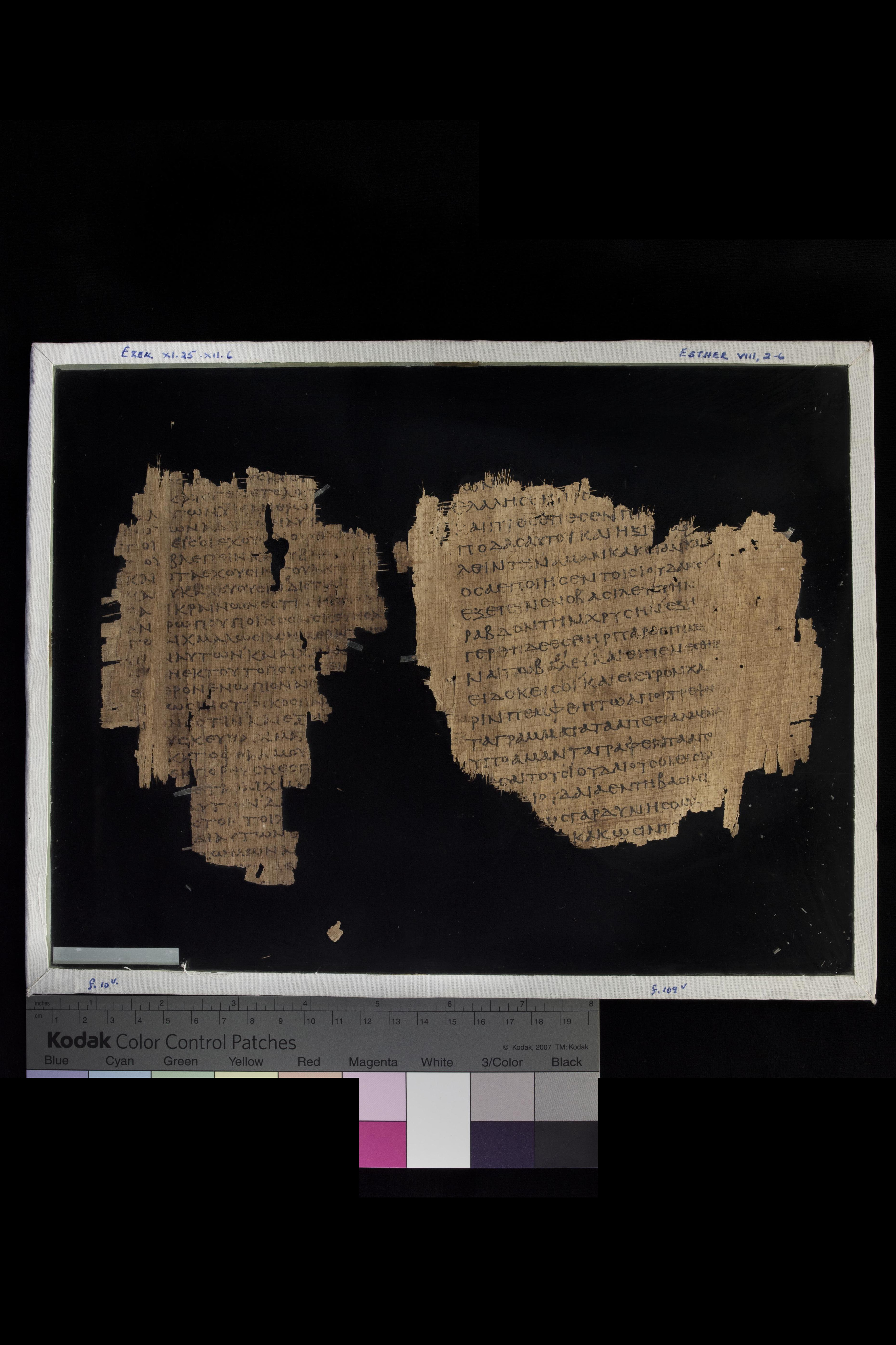 Papyrus 967 (Scan 1) showing Ezekiel 12:13 from Late 2nd Century - Early 3rd Century AD, currently housed at Chester Beatty Library (Dublin) and University of Cologne