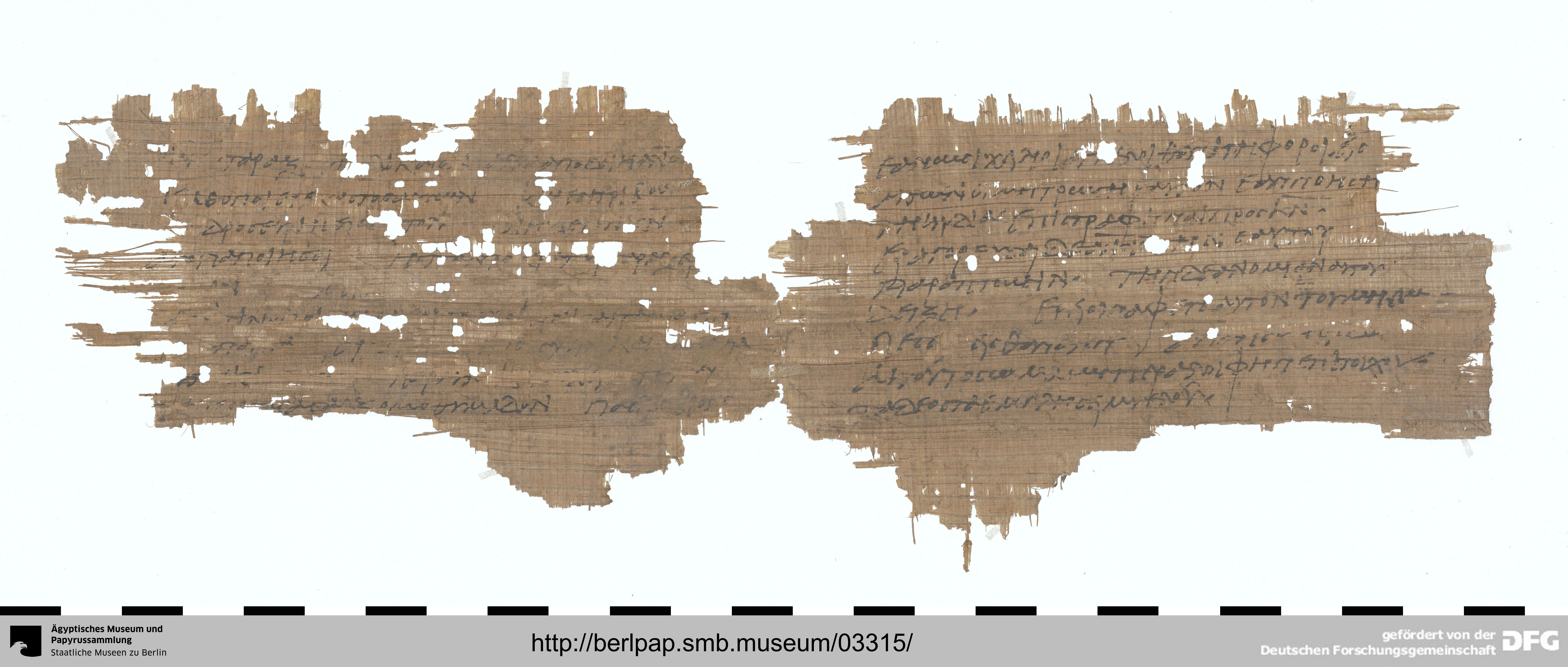 Berlin P. 11778v showing Job 34:13 from c. 220 AD found in Egypt, currently housed at Ägyptisches Museum und Papyrussammlung, Staatliche Museen zu Berlin, Berlin, Germany