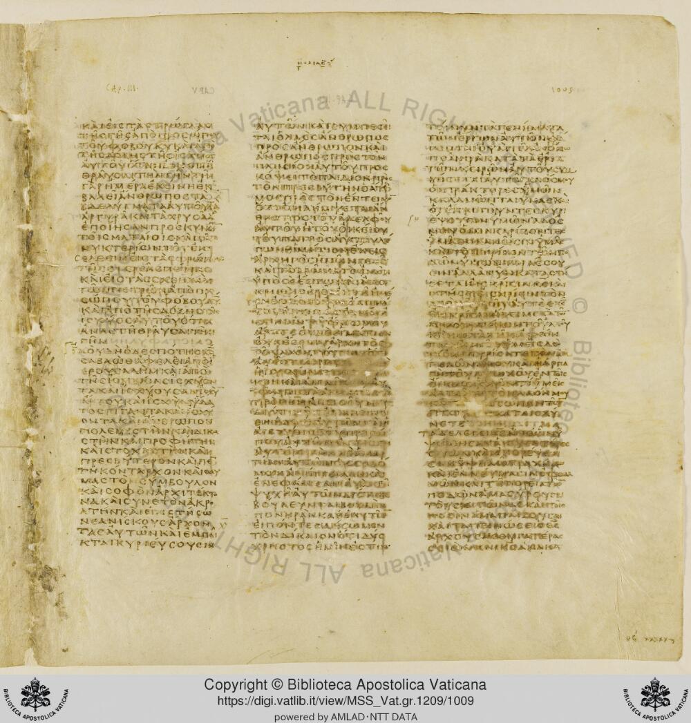 Codex Vaticanus showing Isaiah 2:13 from Early to Mid-4th Century AD, currently housed at Vatican Library, Vatican City