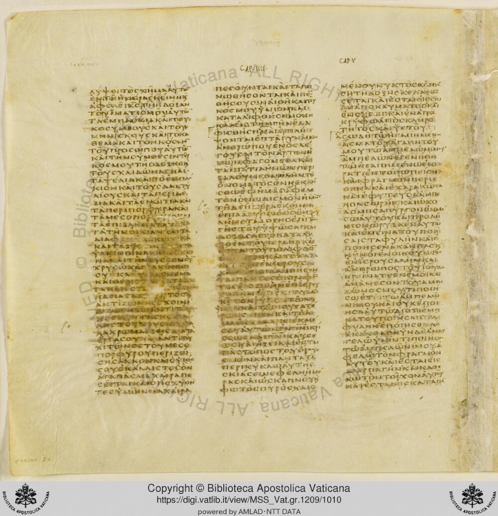 Codex Vaticanus showing Isaiah 3:21 from Early to Mid-4th Century AD, currently housed at Vatican Library, Vatican City