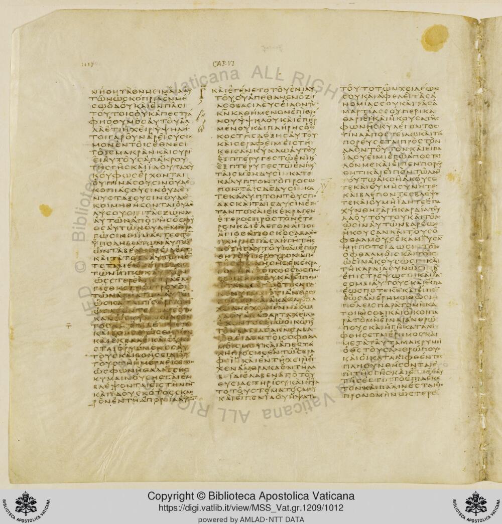 Codex Vaticanus showing Isaiah 6:2 from Early to Mid-4th Century AD, currently housed at Vatican Library, Vatican City