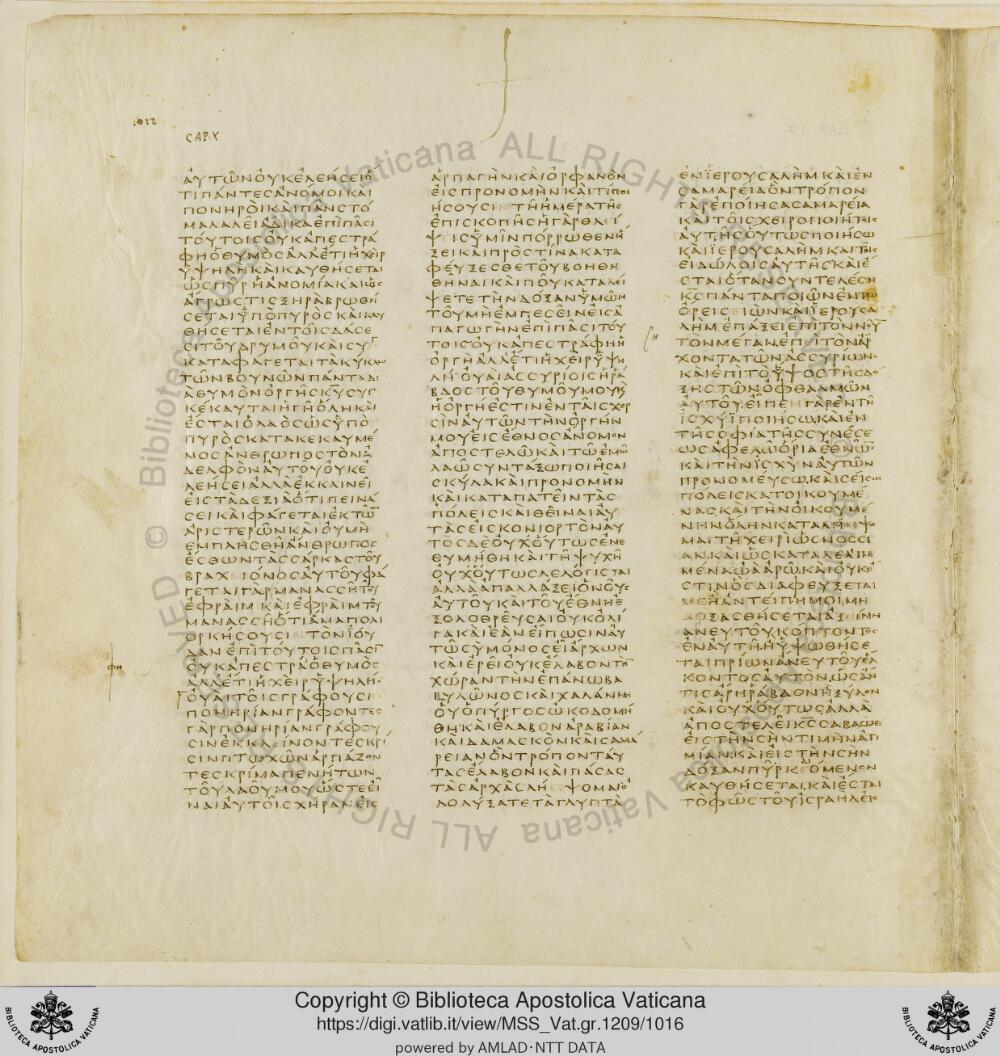 Codex Vaticanus showing Isaiah 10:2 from Early to Mid-4th Century AD, currently housed at Vatican Library, Vatican City