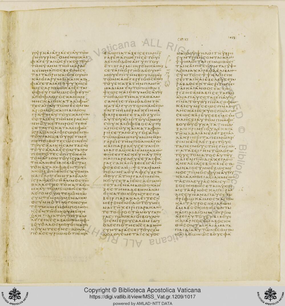 Codex Vaticanus showing Isaiah 10:21 from Early to Mid-4th Century AD, currently housed at Vatican Library, Vatican City