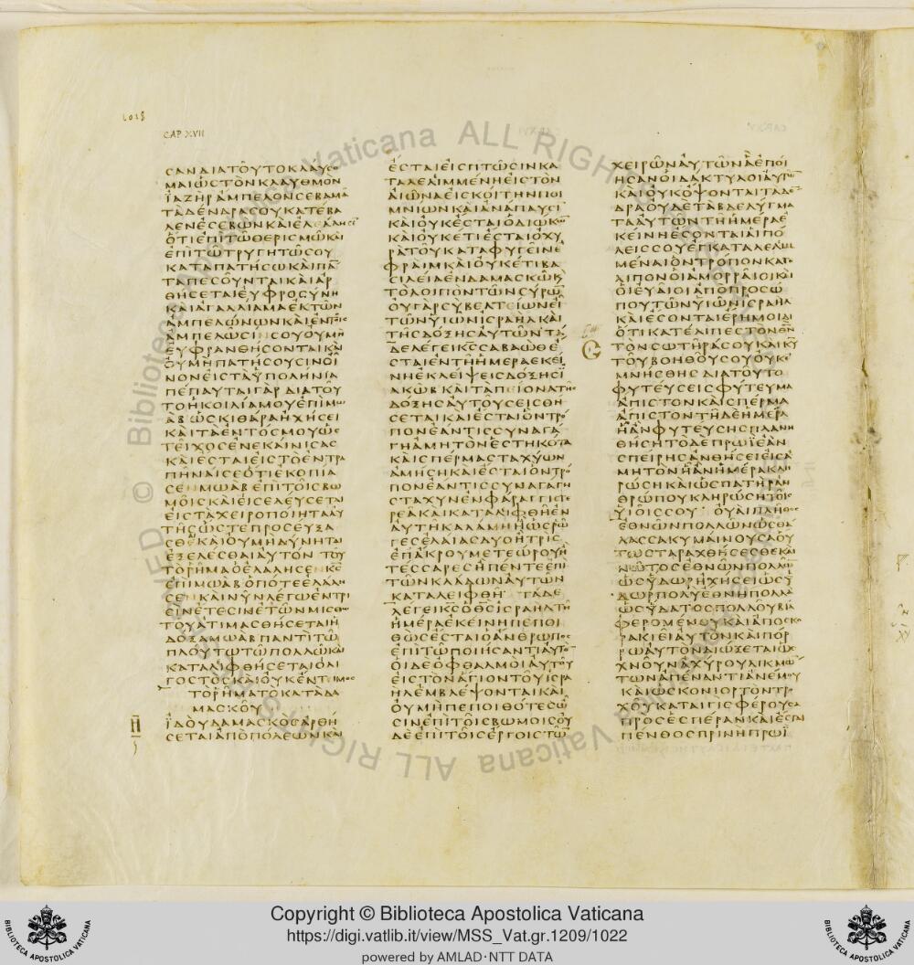 Codex Vaticanus showing Isaiah 16:13 from Early to Mid-4th Century AD, currently housed at Vatican Library, Vatican City