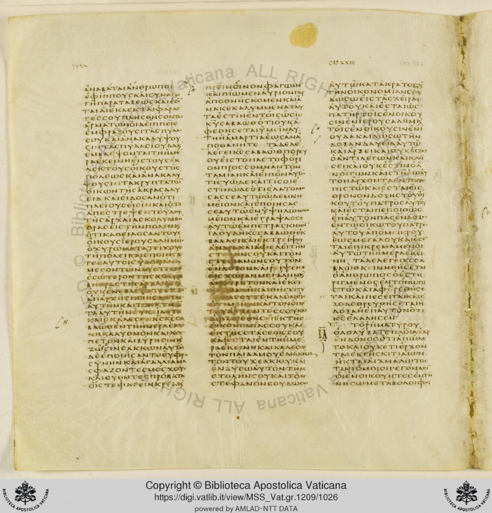 Codex Vaticanus showing Isaiah 22:21 from Early to Mid-4th Century AD, currently housed at Vatican Library, Vatican City