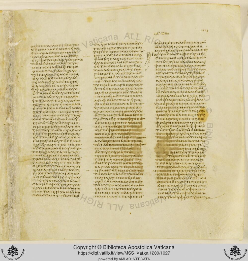 Codex Vaticanus showing Isaiah 23:13 from Early to Mid-4th Century AD, currently housed at Vatican Library, Vatican City