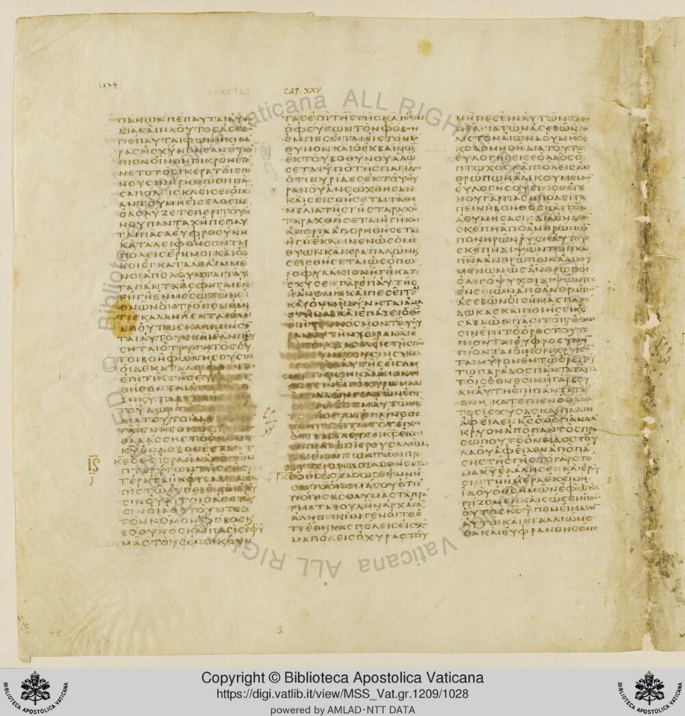 Codex Vaticanus showing Isaiah 24:21 from Early to Mid-4th Century AD, currently housed at Vatican Library, Vatican City
