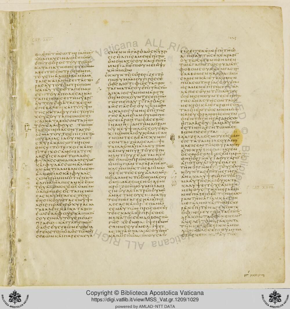 Codex Vaticanus showing Isaiah 26:2 from Early to Mid-4th Century AD, currently housed at Vatican Library, Vatican City