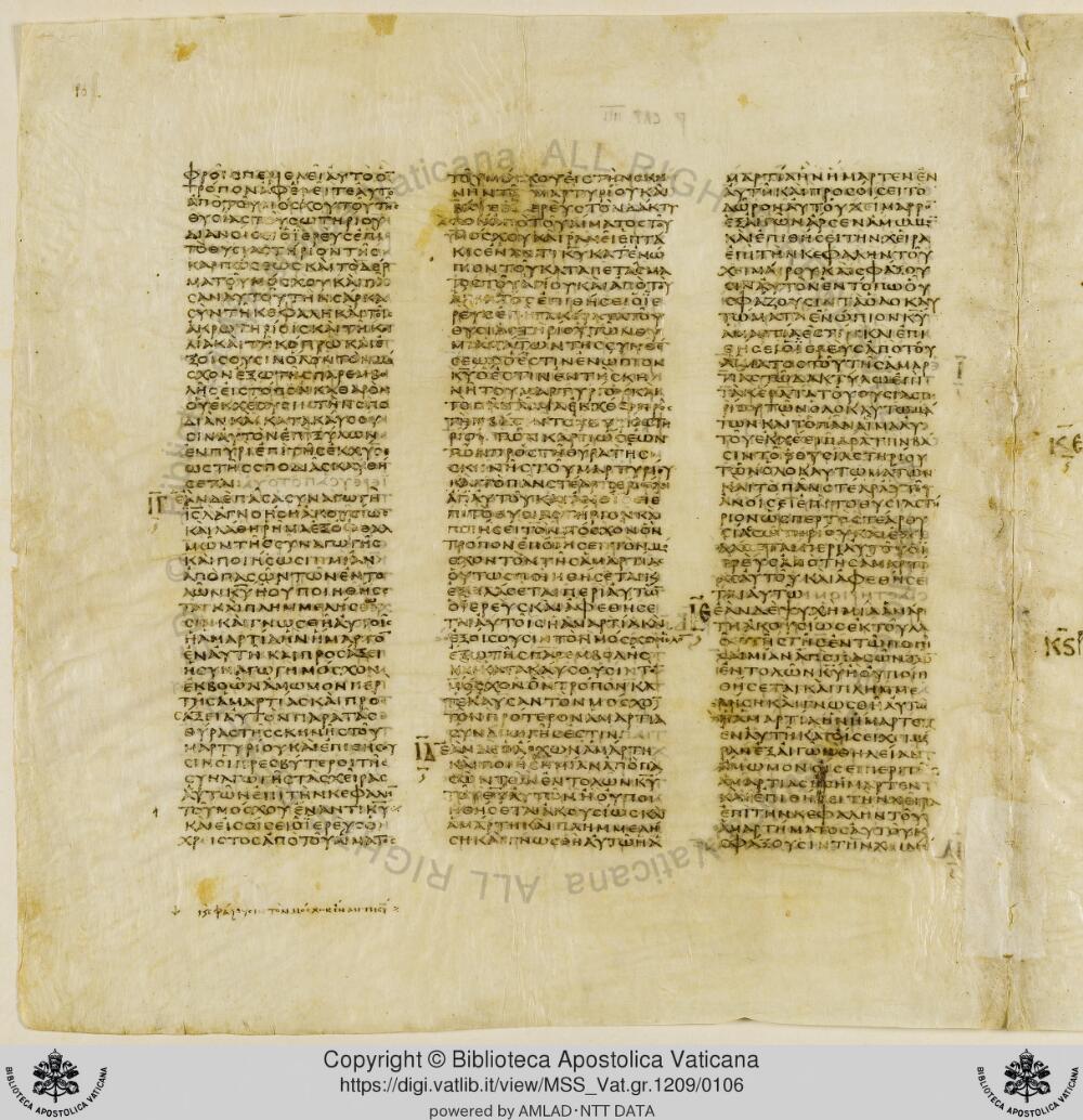 Codex Vaticanus showing Leviticus 3:13 from Early to Mid-4th Century AD, currently housed at Vatican Library, Vatican City