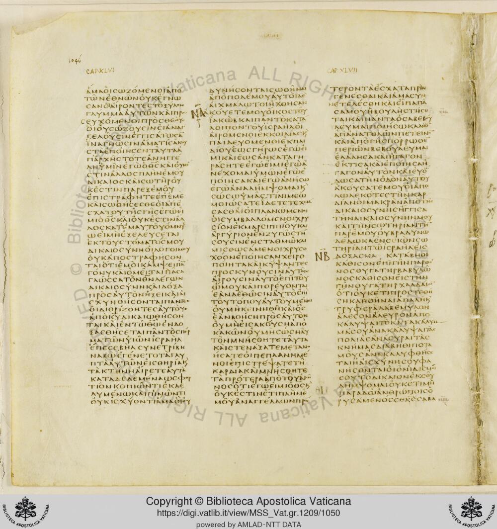 Codex Vaticanus showing Isaiah 45:21 from Early to Mid-4th Century AD, currently housed at Vatican Library, Vatican City