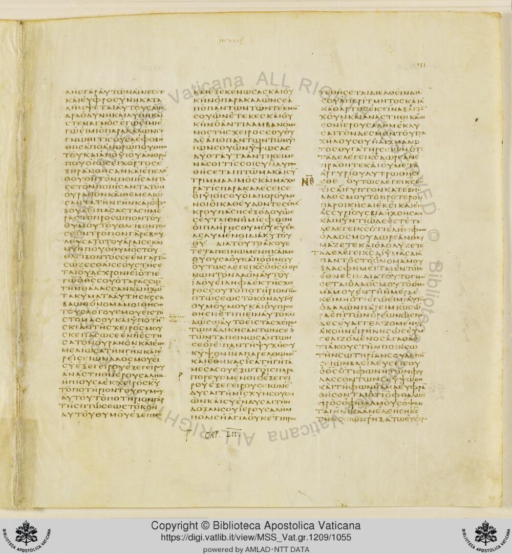 Codex Vaticanus showing Isaiah 51:13 from Early to Mid-4th Century AD, currently housed at Vatican Library, Vatican City