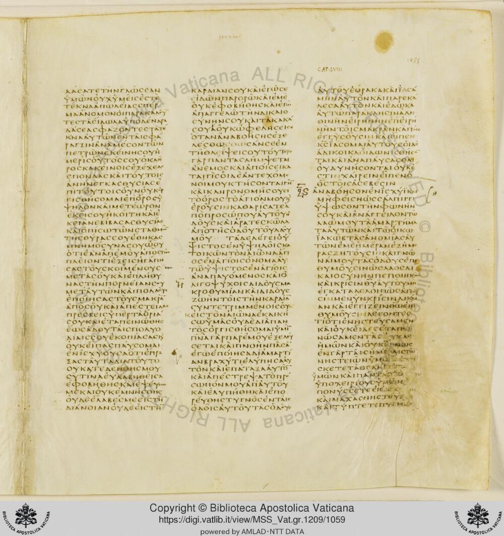 Codex Vaticanus showing Isaiah 56:4 from Early to Mid-4th Century AD, currently housed at Vatican Library, Vatican City