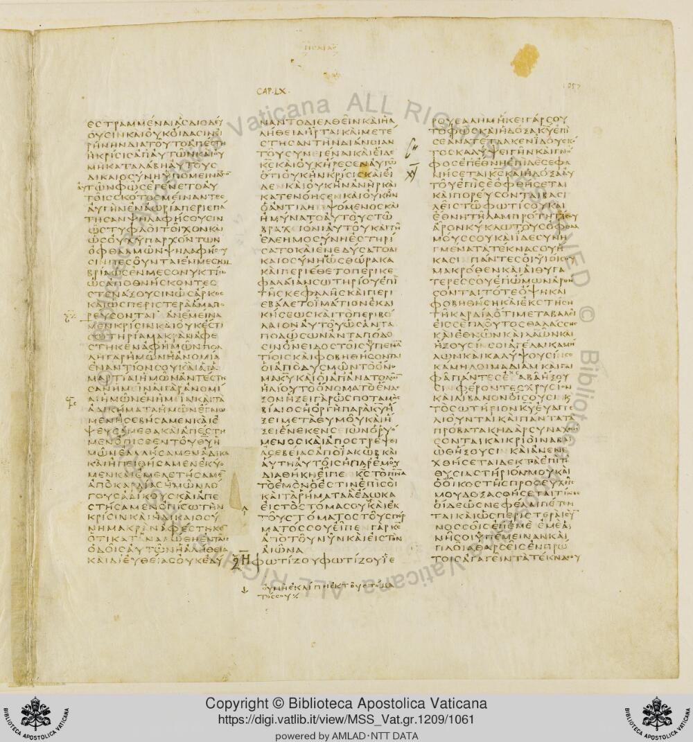 Codex Vaticanus showing Isaiah 59:13 from Early to Mid-4th Century AD, currently housed at Vatican Library, Vatican City