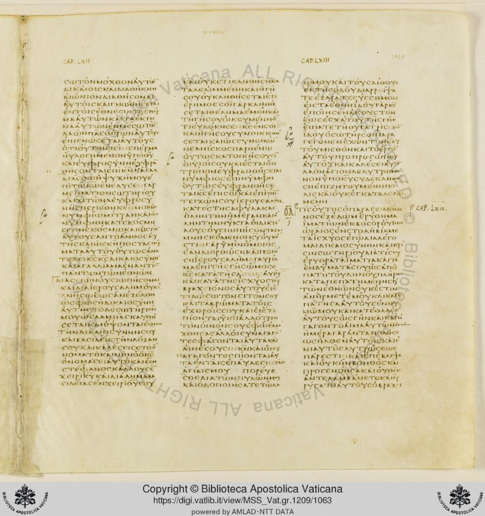 Codex Vaticanus showing Isaiah 60:21 from Early to Mid-4th Century AD, currently housed at Vatican Library, Vatican City