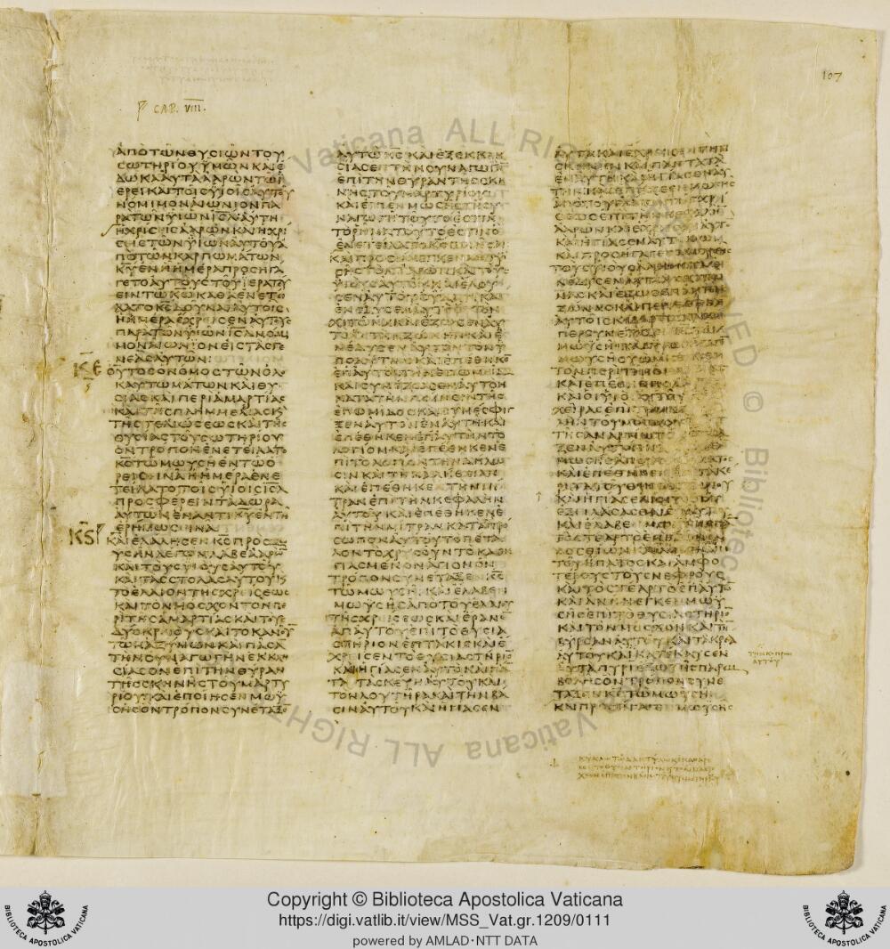 Codex Vaticanus showing Leviticus 8:2 from Early to Mid-4th Century AD, currently housed at Vatican Library, Vatican City