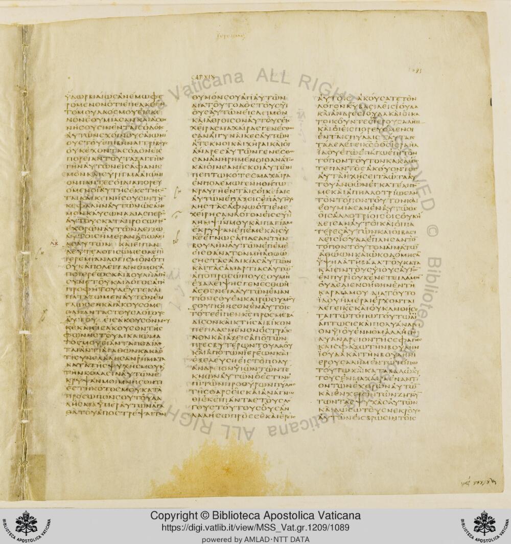 Codex Vaticanus showing Jeremiah 18:21 from Early to Mid-4th Century AD, currently housed at Vatican Library, Vatican City