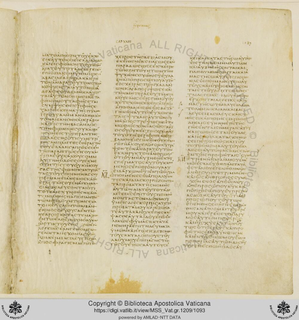 Codex Vaticanus showing Jeremiah 23:2 from Early to Mid-4th Century AD, currently housed at Vatican Library, Vatican City