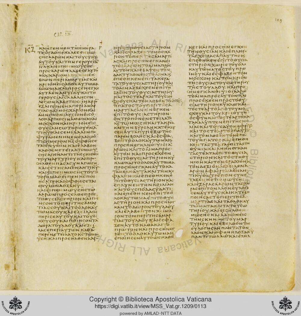 Codex Vaticanus showing Leviticus 9:13 from Early to Mid-4th Century AD, currently housed at Vatican Library, Vatican City