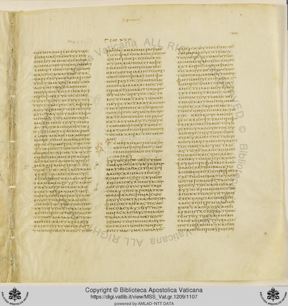 Codex Vaticanus showing Jeremiah 33:13 from Early to Mid-4th Century AD, currently housed at Vatican Library, Vatican City