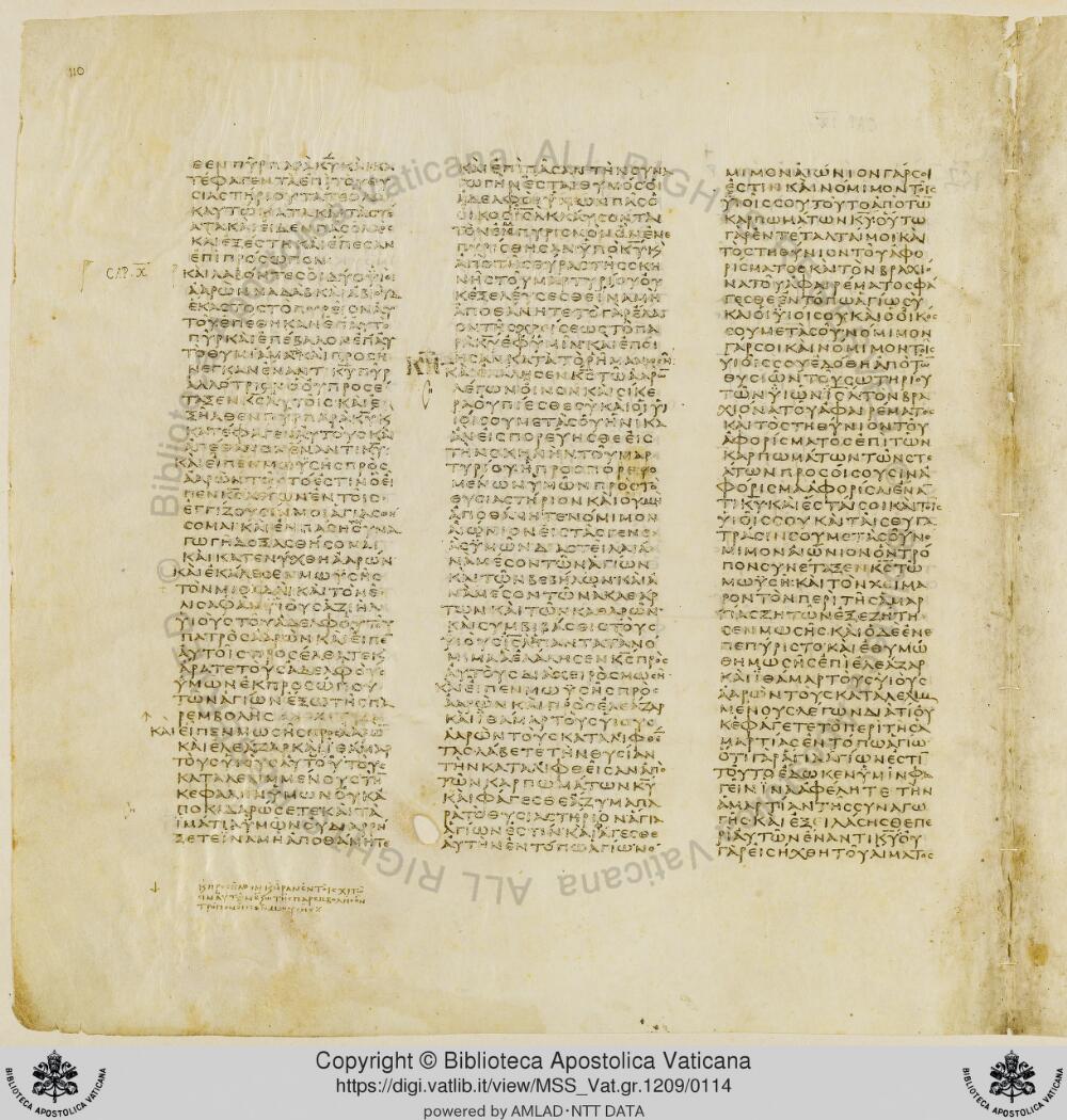 Codex Vaticanus showing Leviticus 10:13 from Early to Mid-4th Century AD, currently housed at Vatican Library, Vatican City