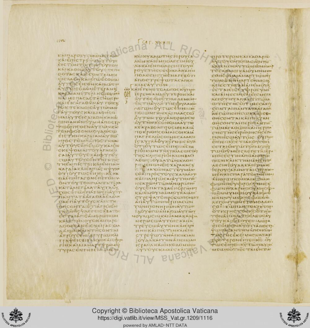 Codex Vaticanus showing Jeremiah 41:21 from Early to Mid-4th Century AD, currently housed at Vatican Library, Vatican City