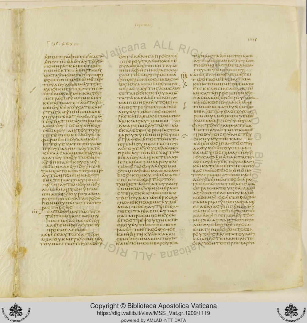 Codex Vaticanus showing Jeremiah 45:21 from Early to Mid-4th Century AD, currently housed at Vatican Library, Vatican City