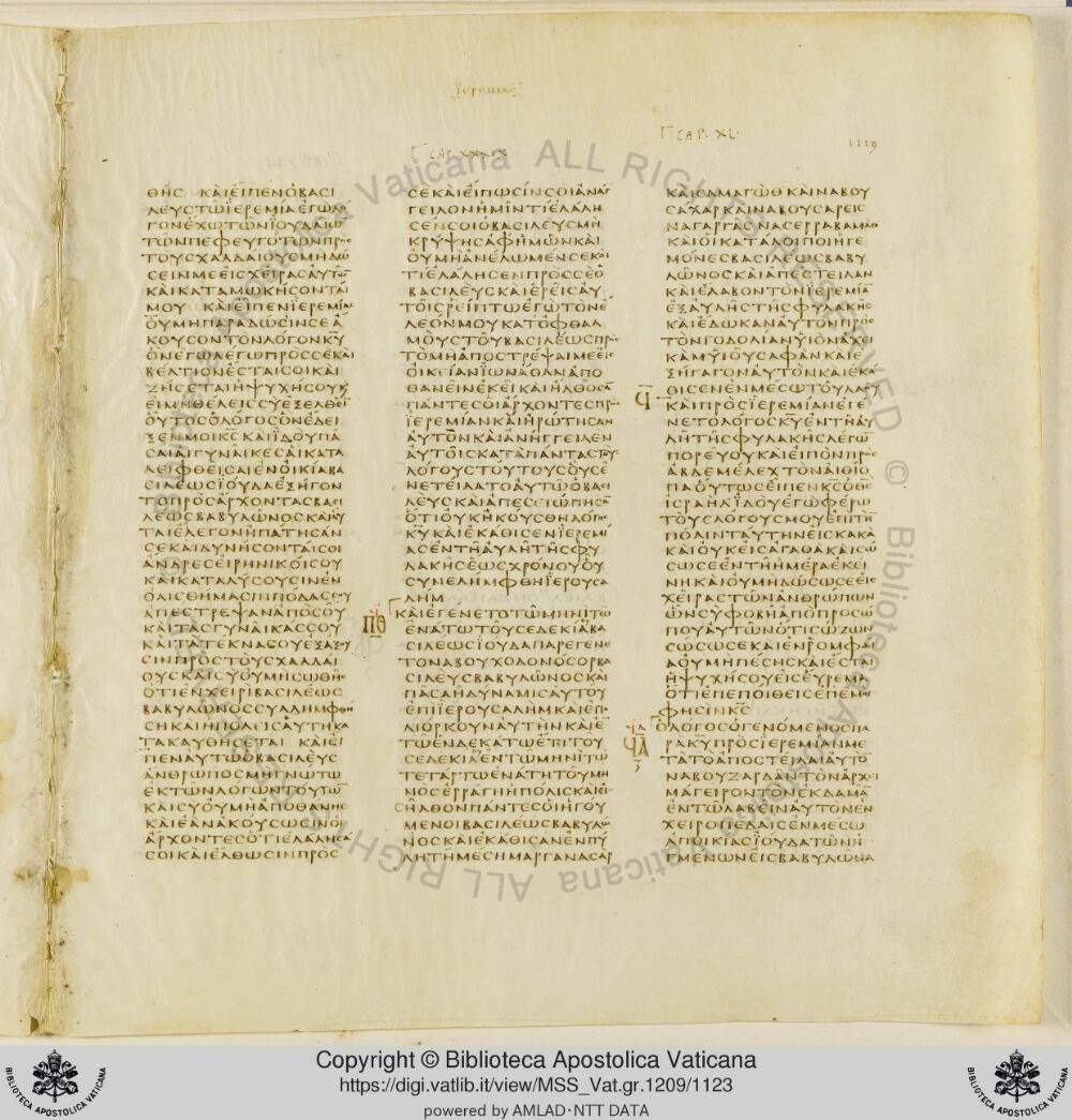 Codex Vaticanus showing Jeremiah 49:3 from Early to Mid-4th Century AD, currently housed at Vatican Library, Vatican City