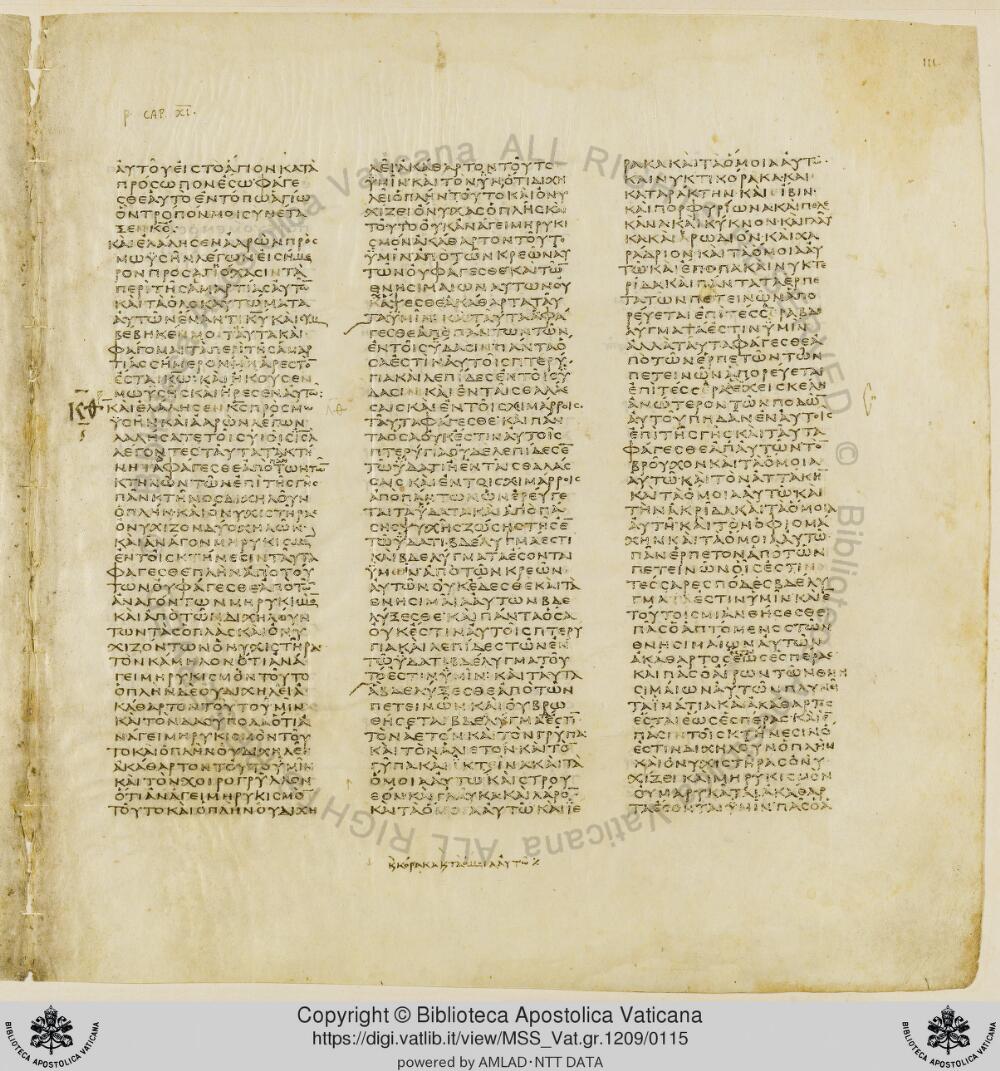 Codex Vaticanus showing Leviticus 11:13 from Early to Mid-4th Century AD, currently housed at Vatican Library, Vatican City