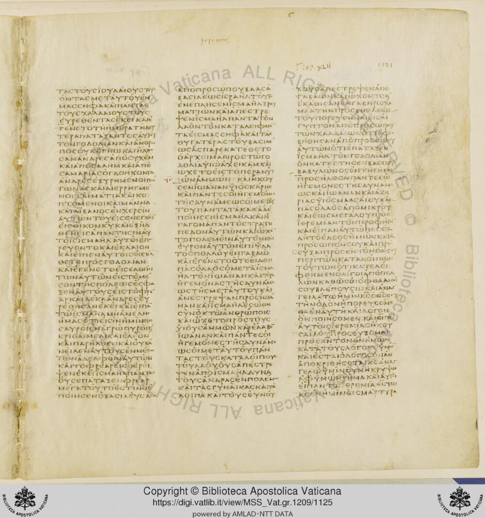 Codex Vaticanus showing Jeremiah 50:13 from Early to Mid-4th Century AD, currently housed at Vatican Library, Vatican City