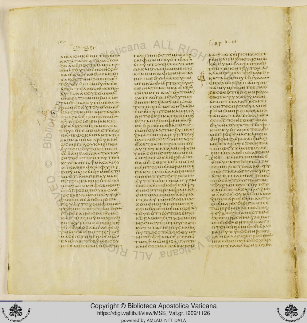 Codex Vaticanus showing Jeremiah 50:21 from Early to Mid-4th Century AD, currently housed at Vatican Library, Vatican City